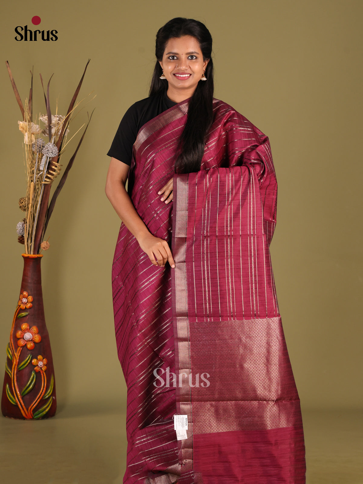 Maroon - Semi Jute Saree - Shop on Shrus.com