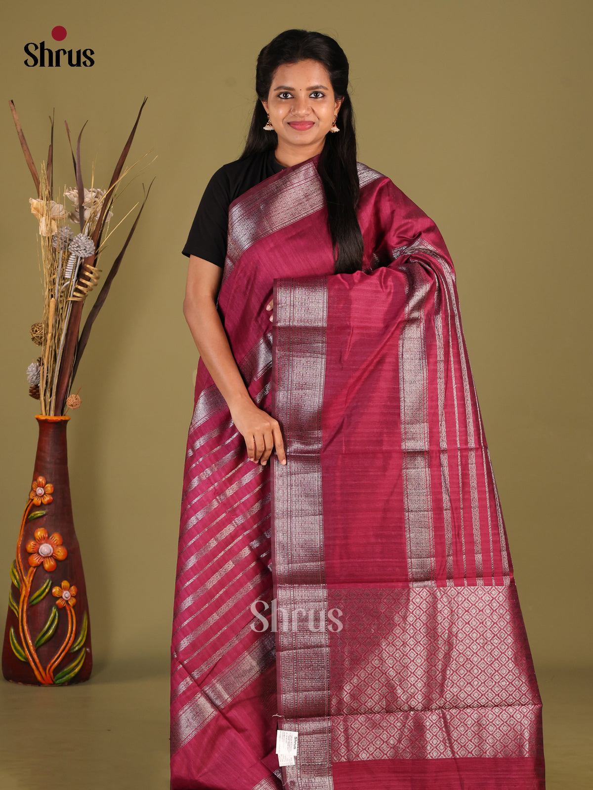 Maroon  - Semi Jute Saree - Shop on Shrus.com