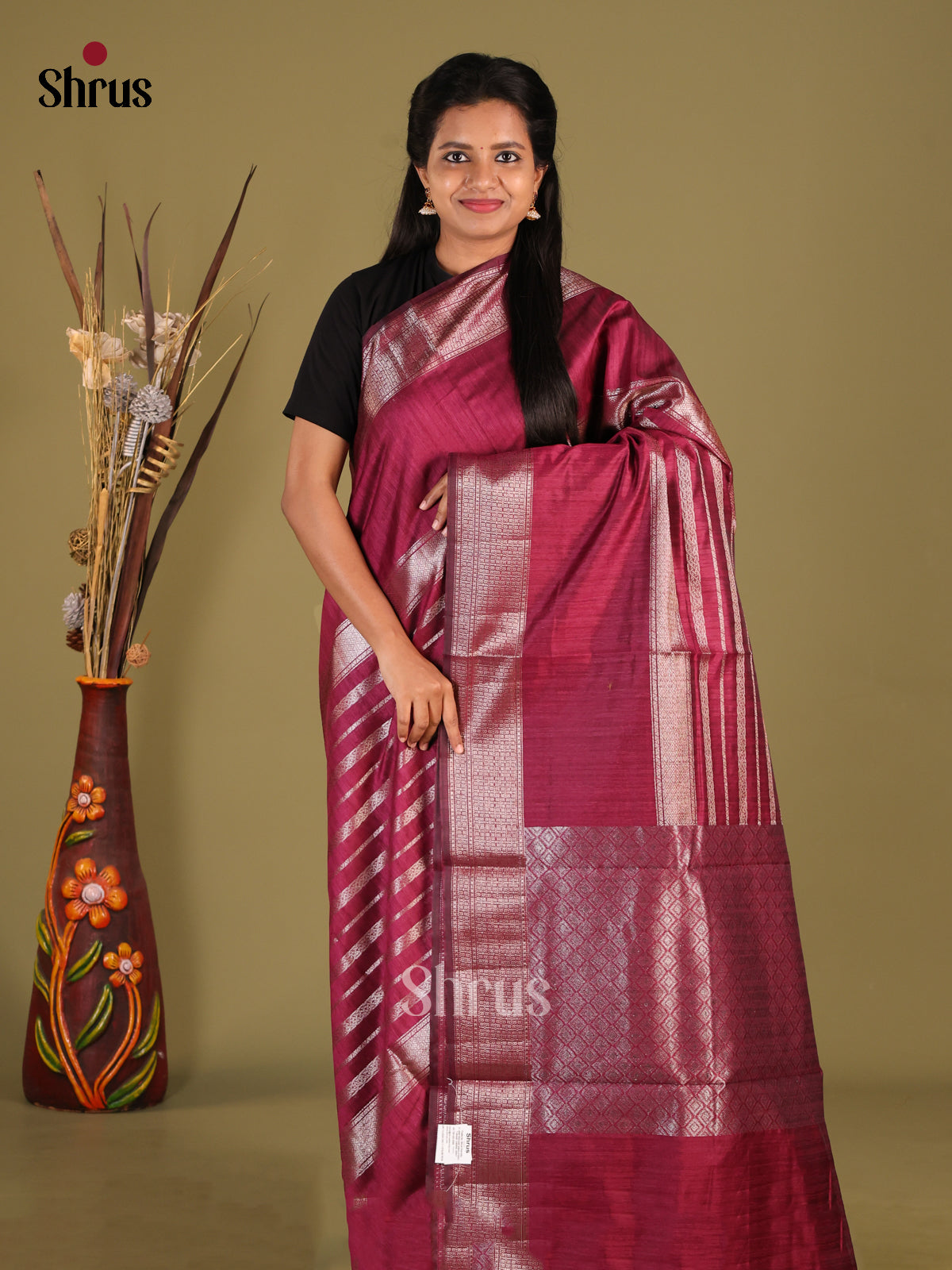 Maroon- Semi Jute Saree - Shop on Shrus.com