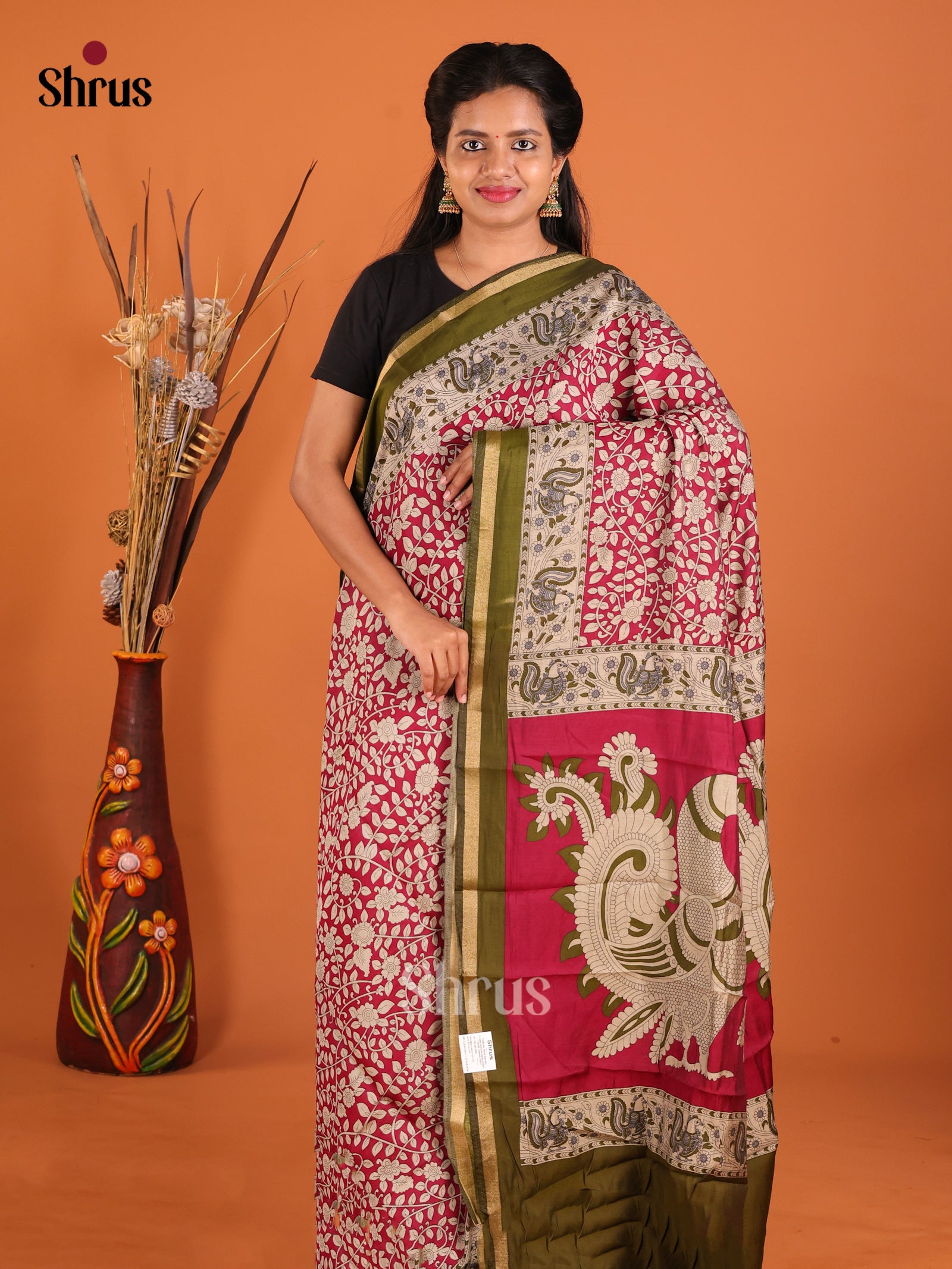 Majenta & Green - Art Modal Saree - Shop on Shrus.com