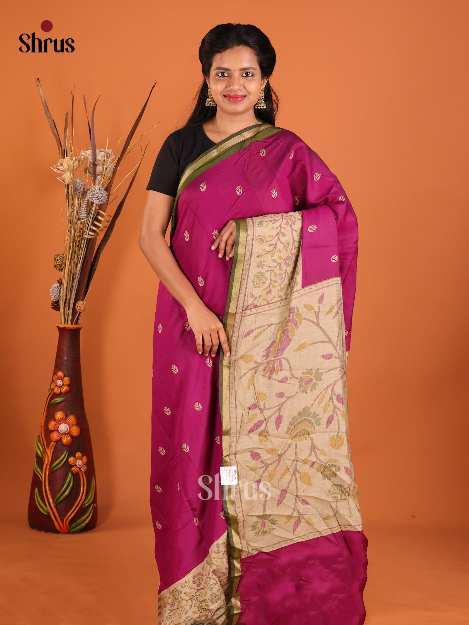 Purple & Green - Art Modal Saree - Shop on Shrus.com
