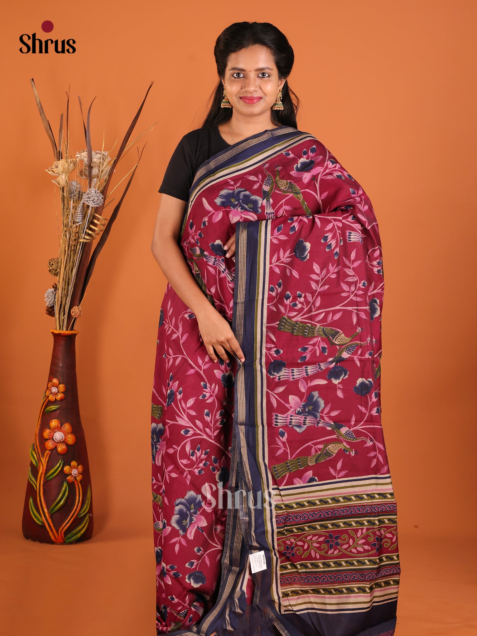 Maroon & Blue - Art Modal Saree - Shop on Shrus.com