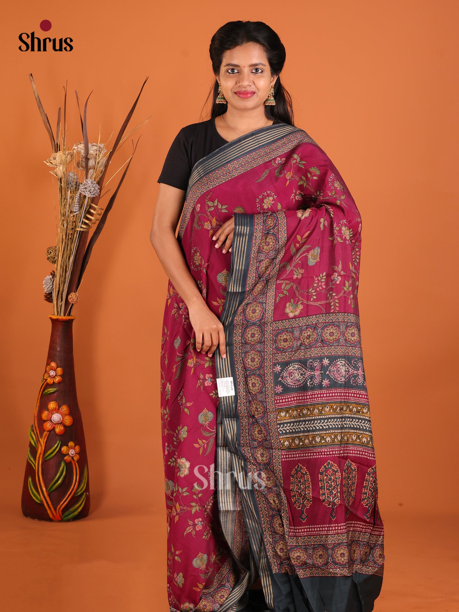 Maroon & Blue - Art Modal Saree - Shop on Shrus.com