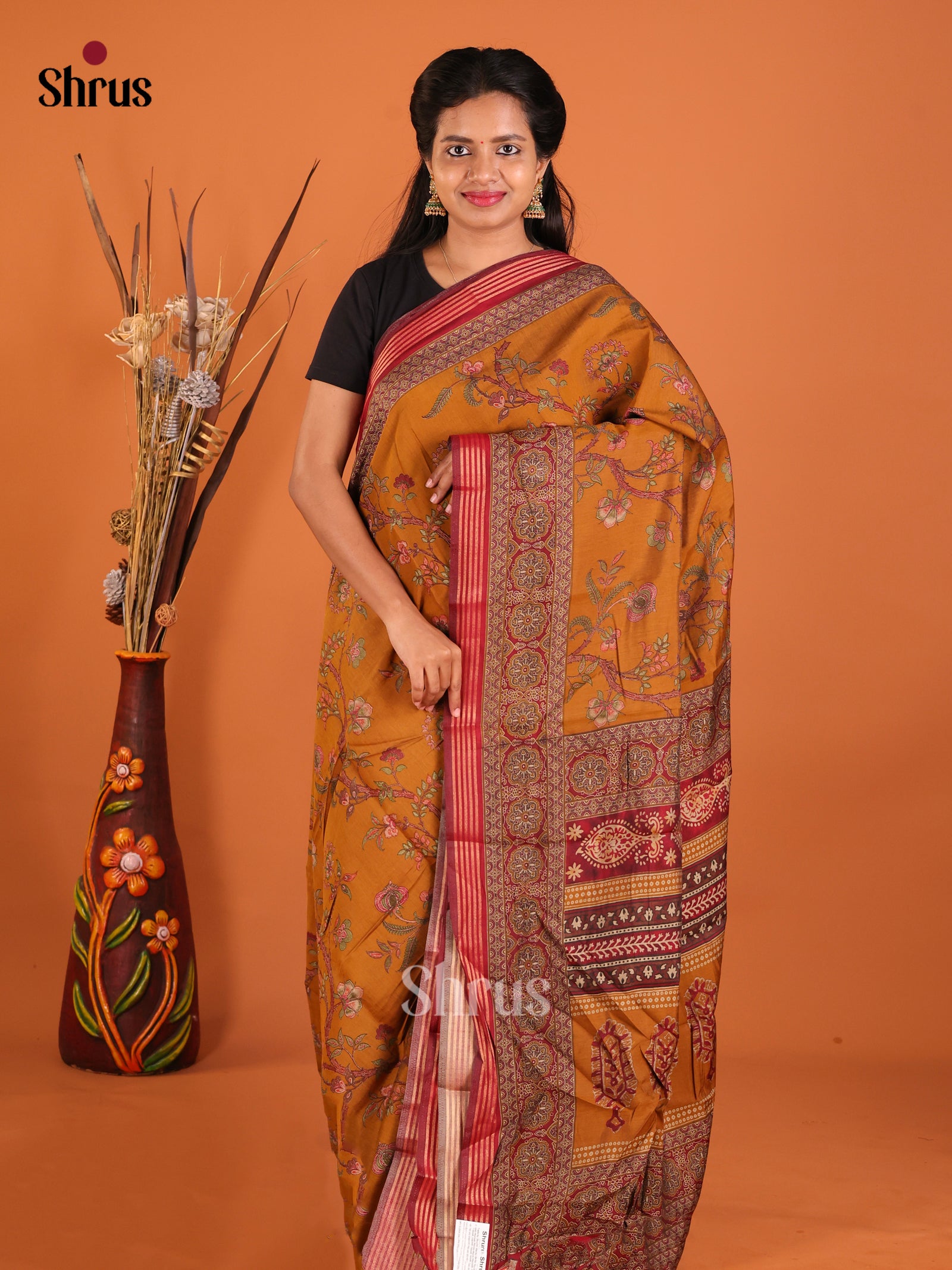 Mustard & Red - Art Modal Saree - Shop on Shrus.com