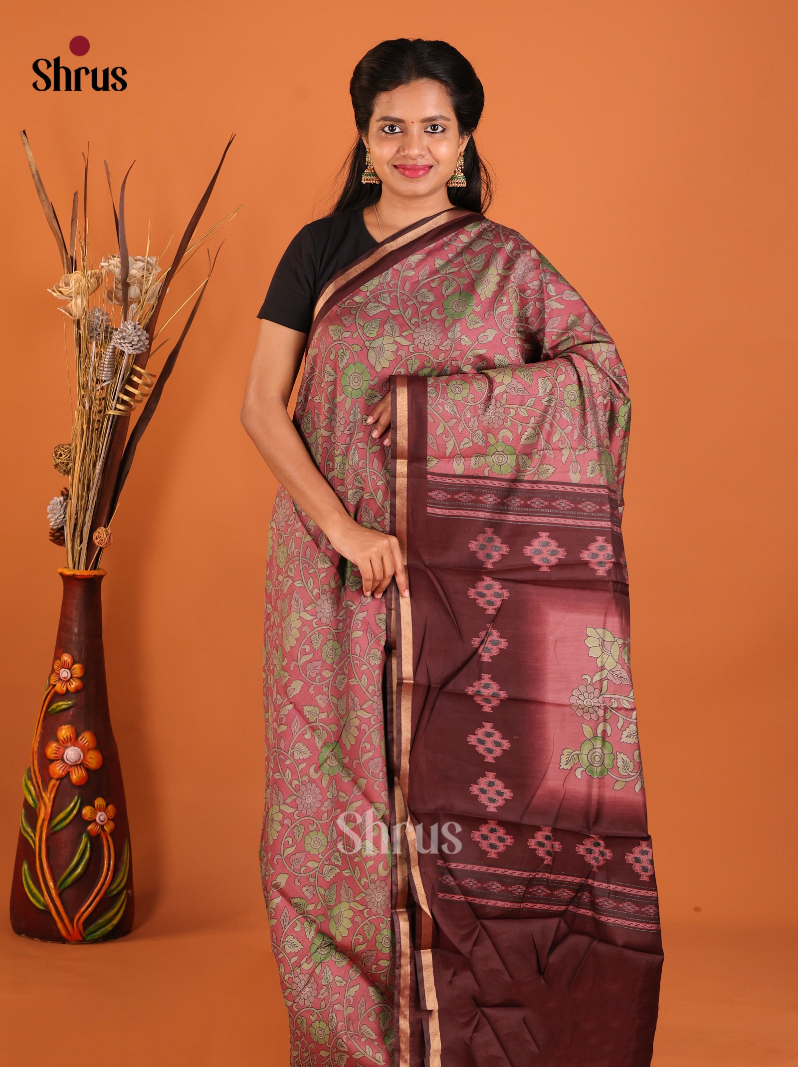 Pink & Brown - Art Modal Saree - Shop on Shrus.com