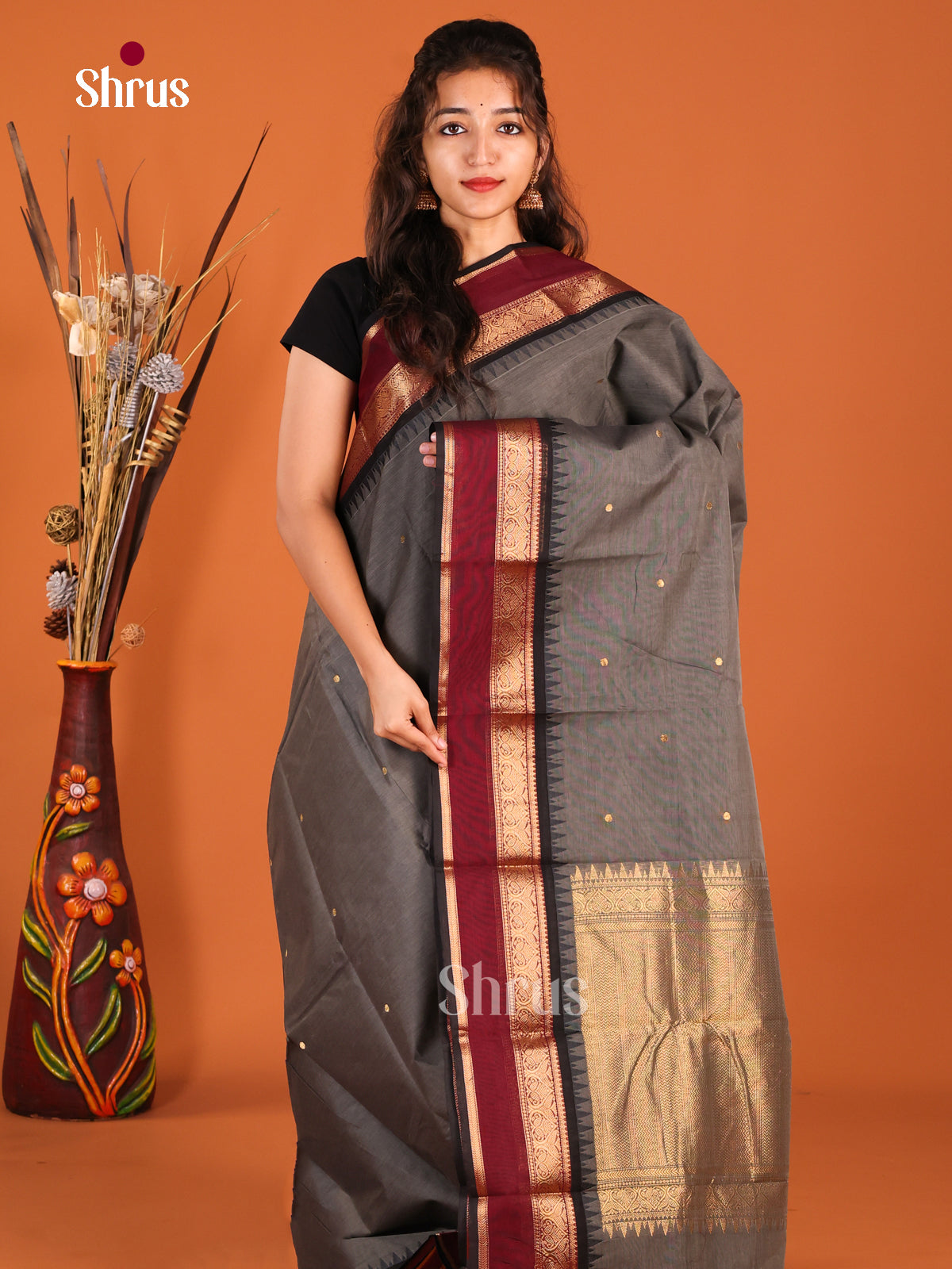 Grey & Black- Chettinad Cotton Saree