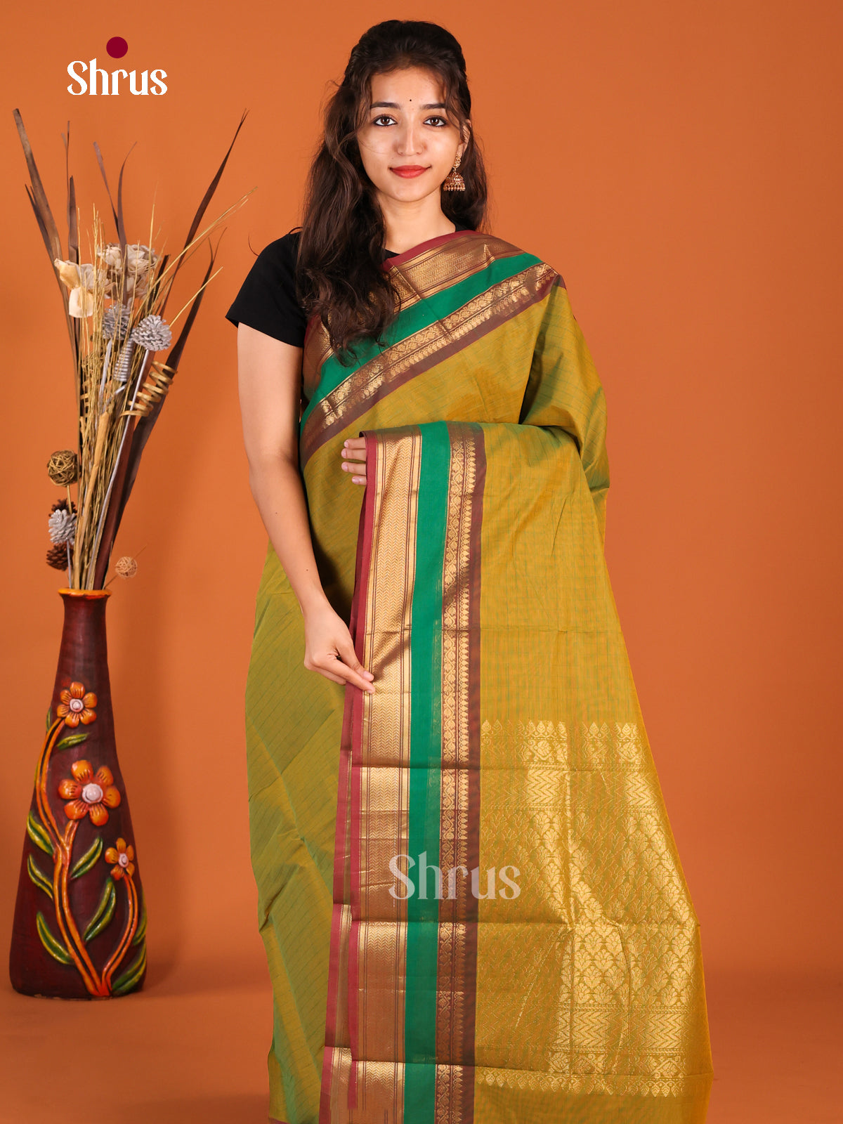 Mustardy Green & Maroon  - Chettinad Cotton Saree