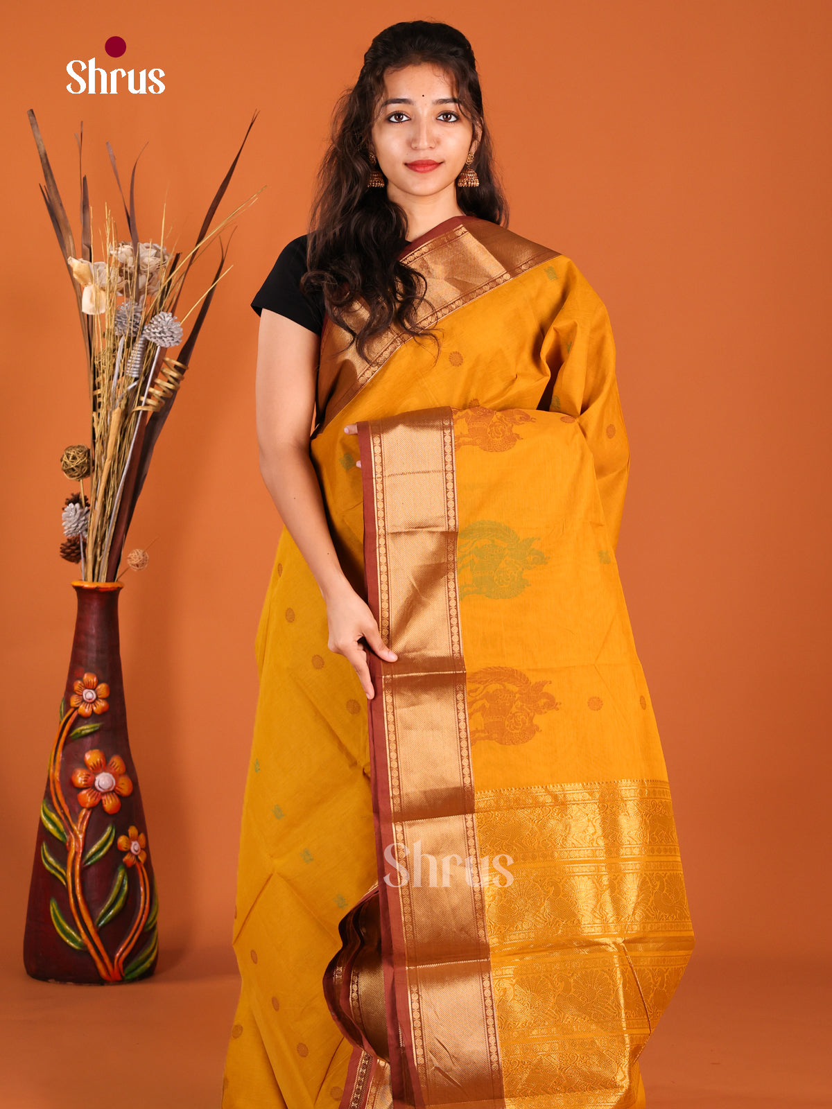 Mustard & Brown - Chettinad Cotton Saree