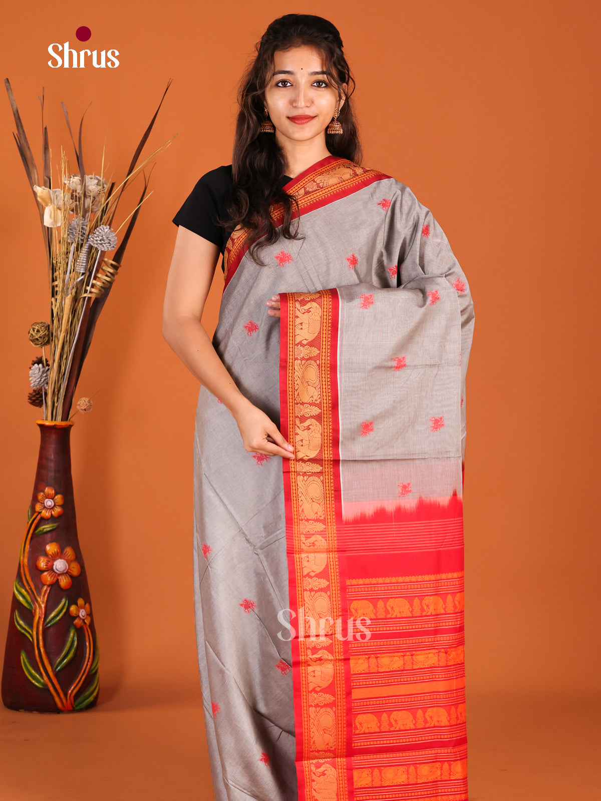 Grey & Red - Chettinad Cotton Saree