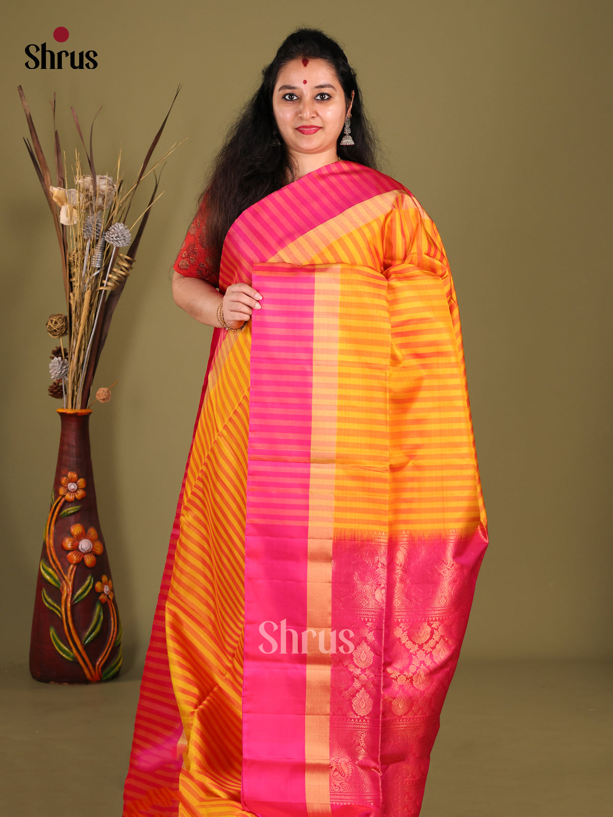 Mustard &  Pink Soft Silk Saree with zari brocade pallu - Shop on Shrus.com