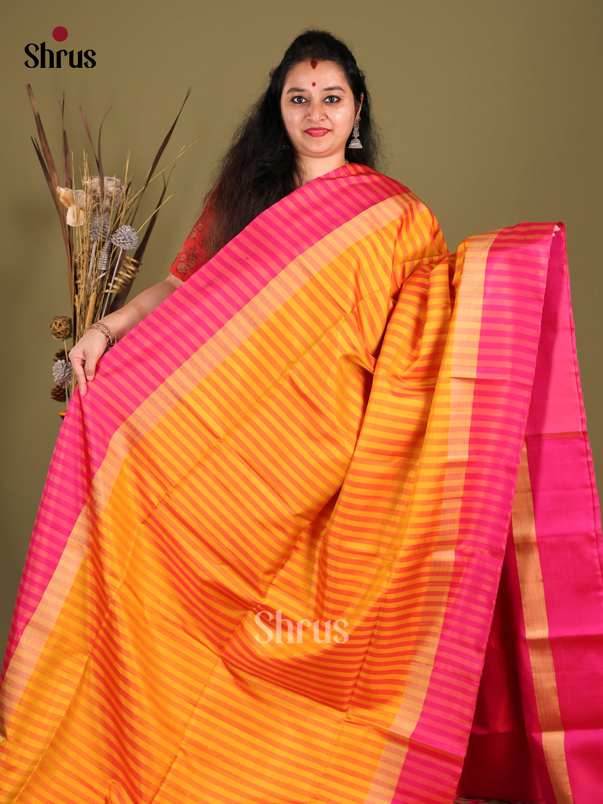 Mustard &  Pink Soft Silk Saree with zari brocade pallu - Shop on Shrus.com