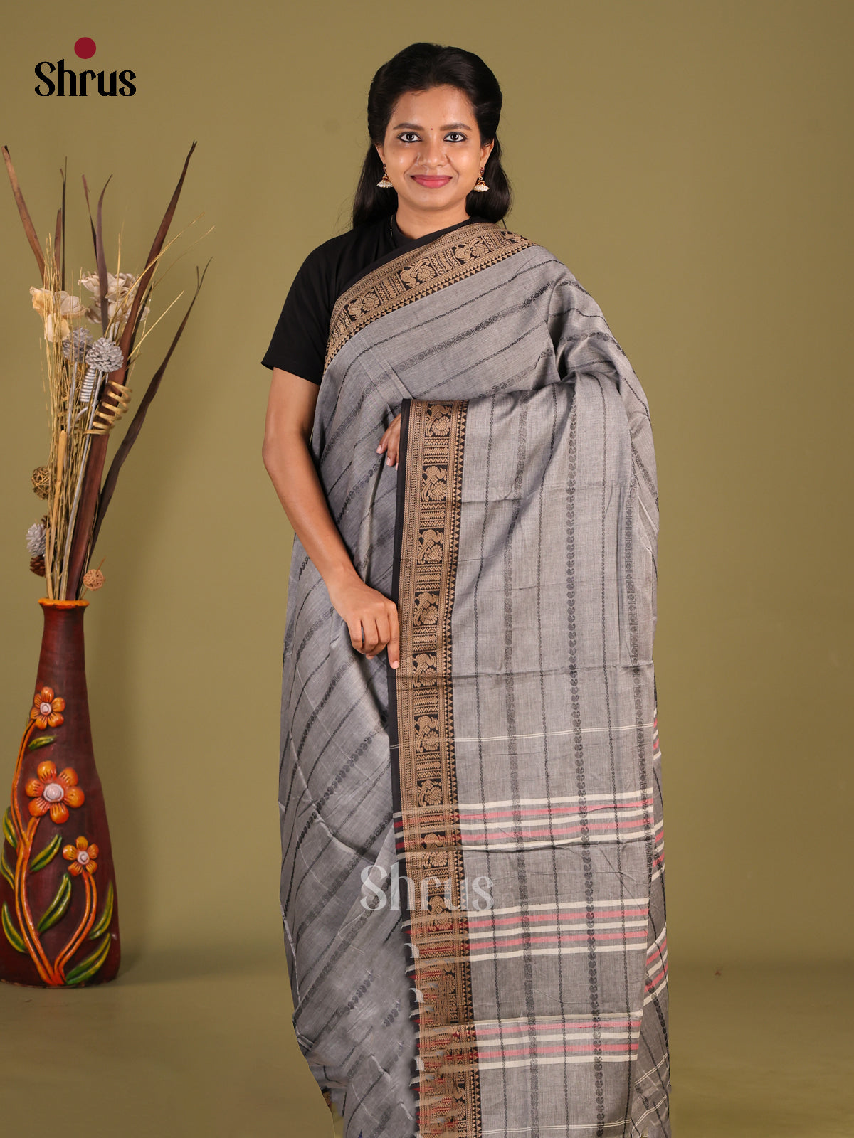 Grey & Black - Narayanpet Cotton Saree