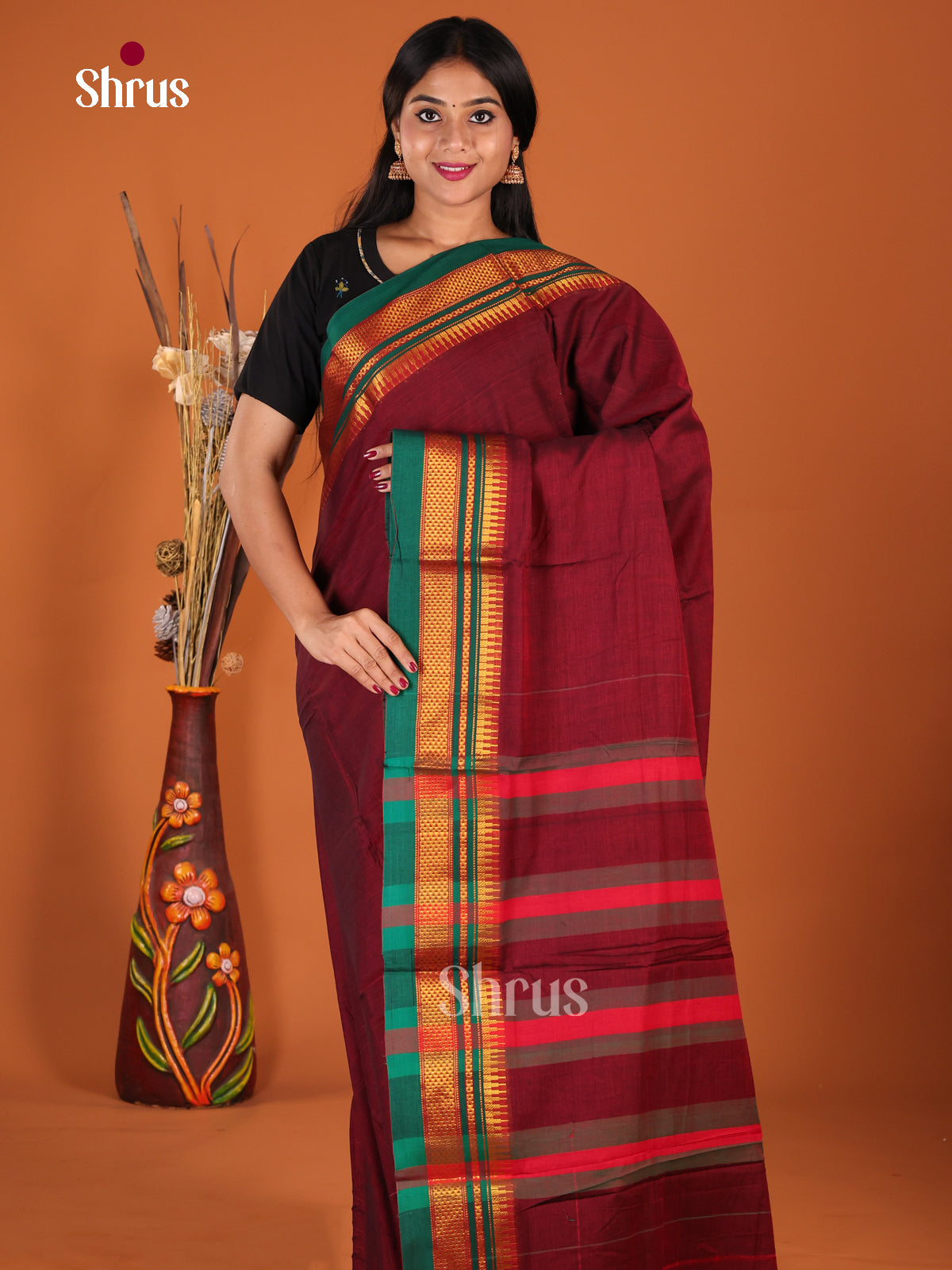 Maroon & Green - Narayanpet Cotton Saree