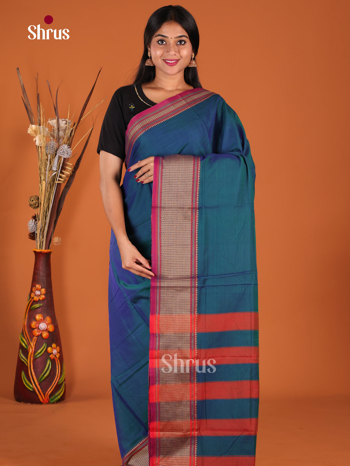 Peacock Blue & maroon - Narayanpet Cotton Saree