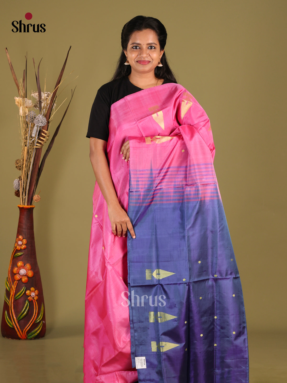 Pink  & Blue - Banana Pith Saree - Shop on Shrus.com
