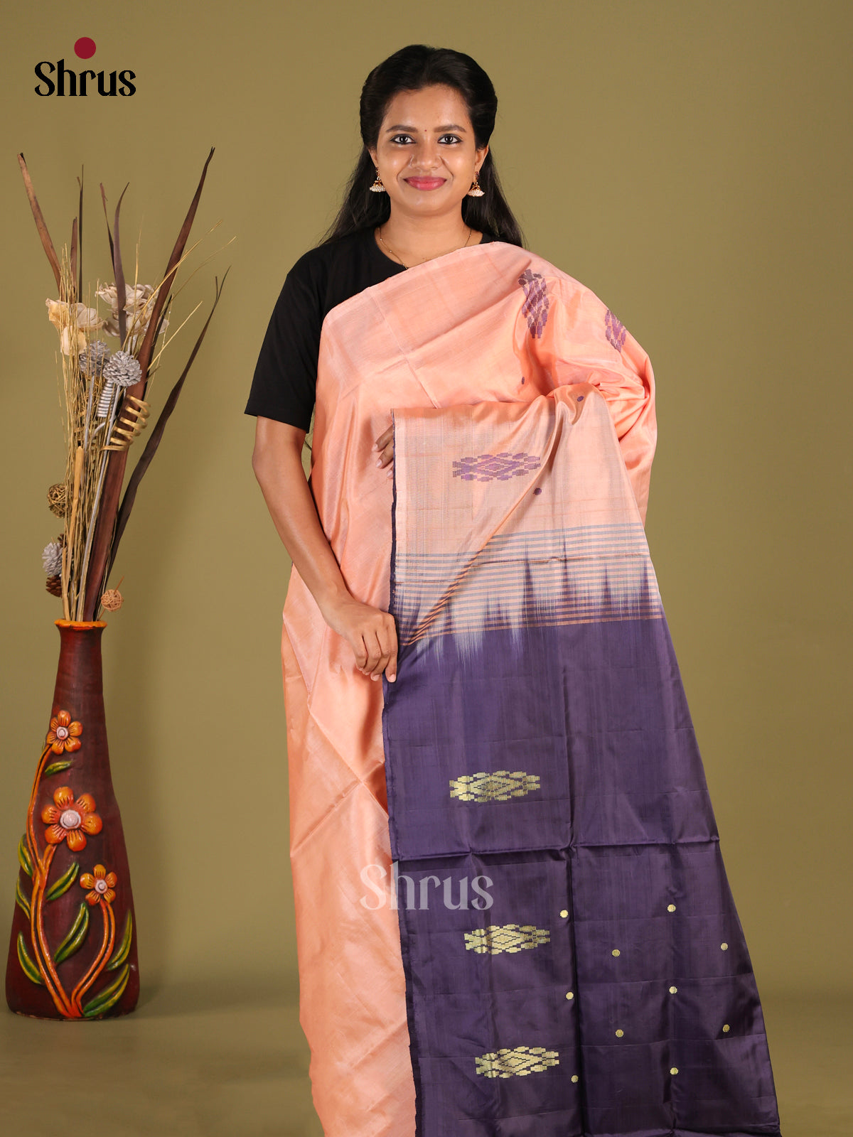 Peach & Blue - Banana Pith Saree - Shop on Shrus.com