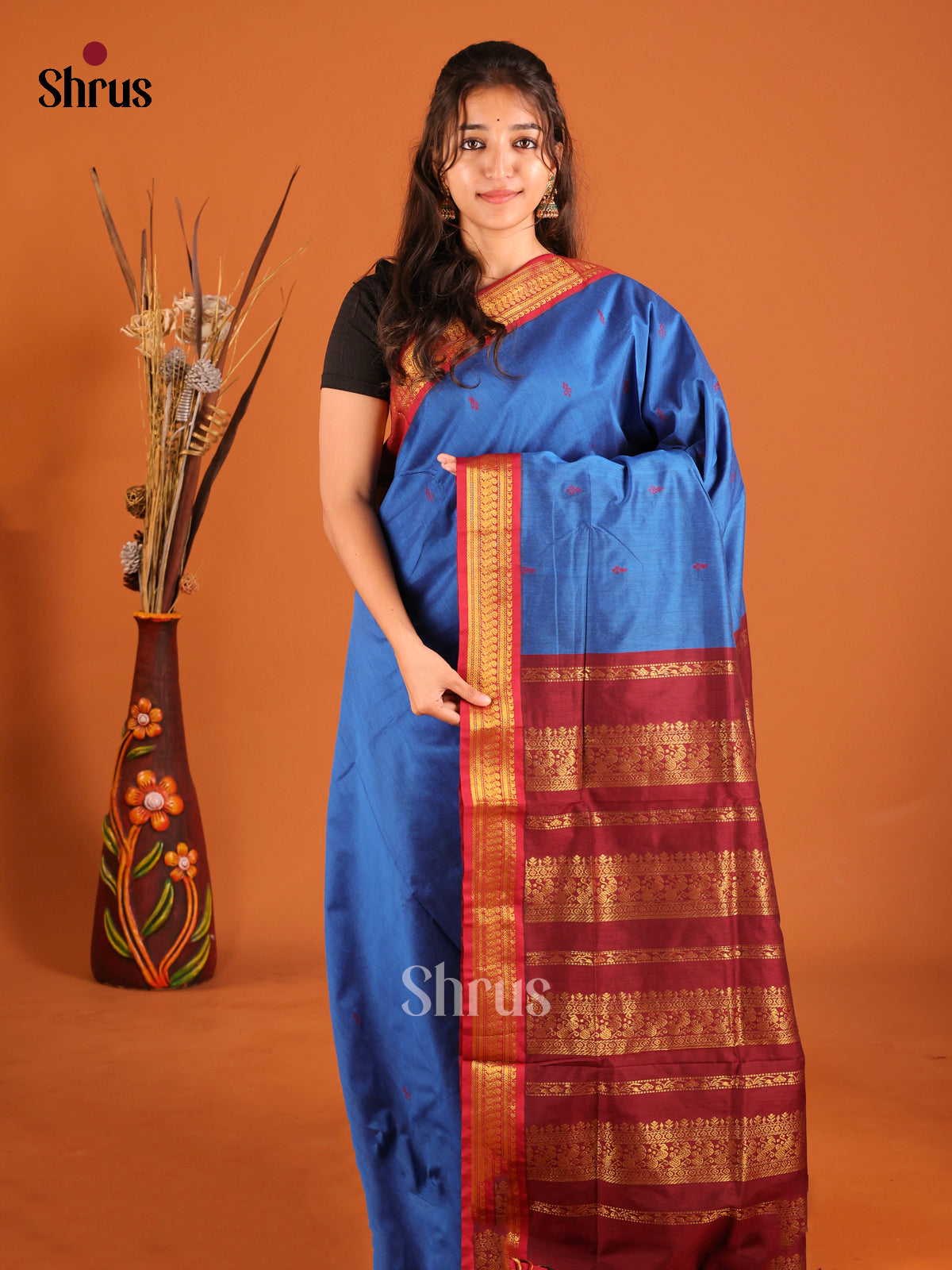 Blue & Maroon - Kalyani Cotton Saree