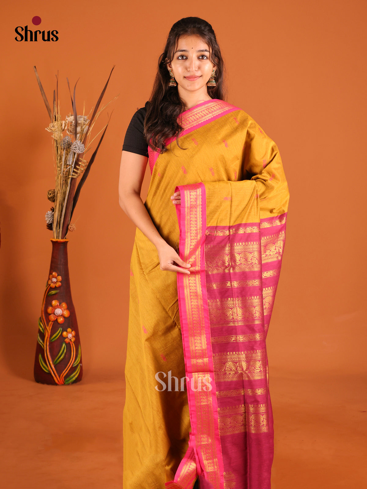 Mustard & Pink- Kalyani Cotton Saree - Shop on Shrus.com
