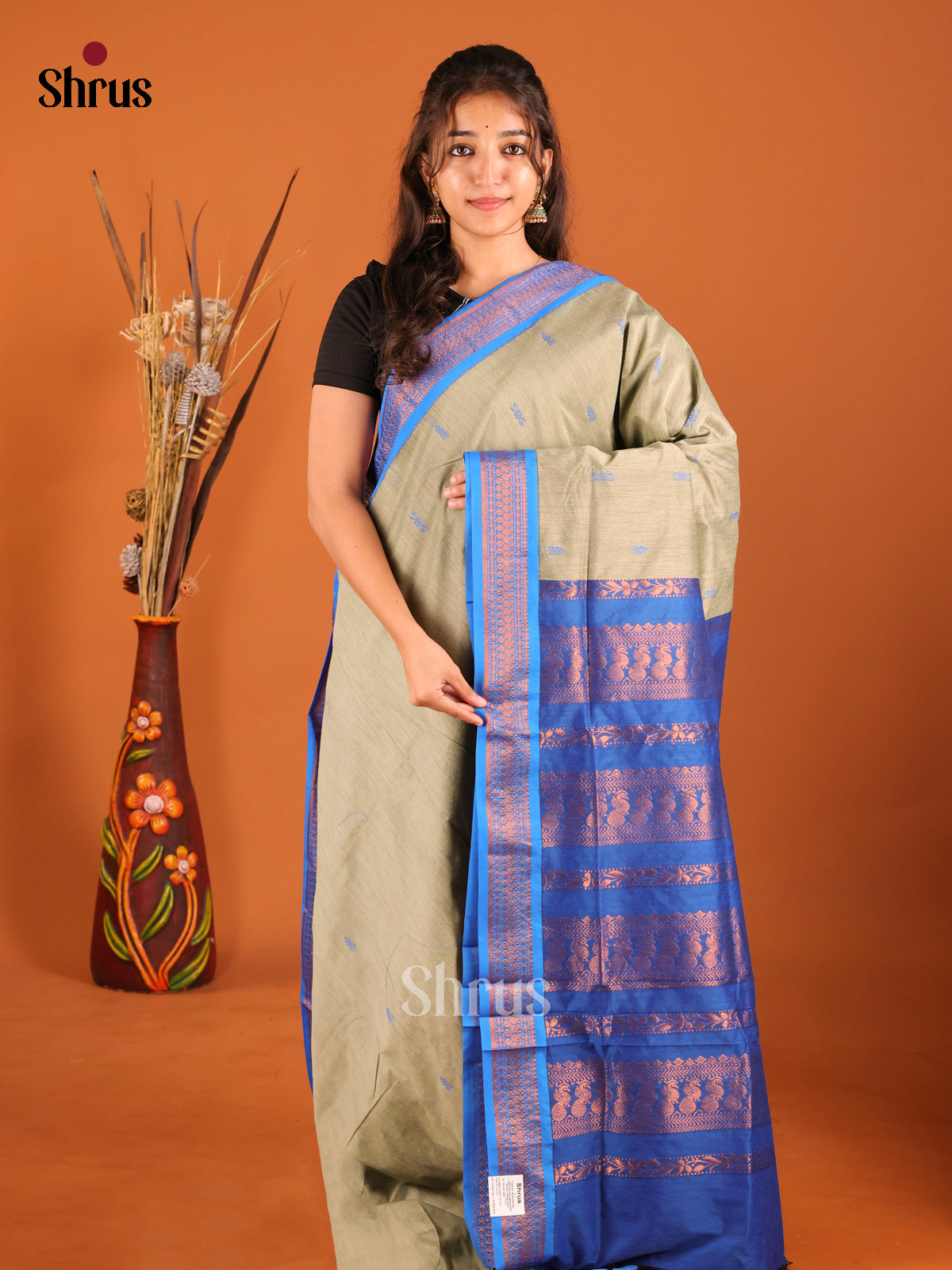 Grey & Blue - Kalyani Cotton Saree - Shop on Shrus.com