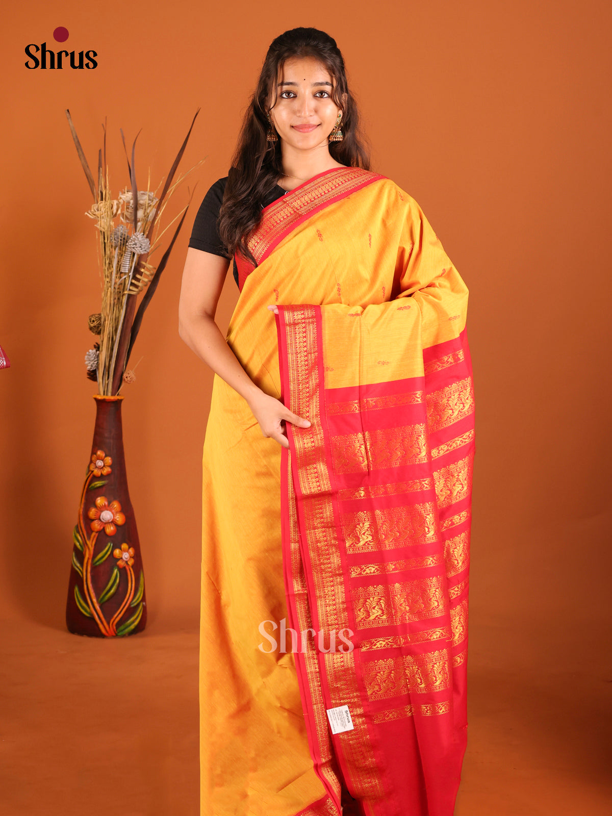 Yellow & Red- Kalyani Cotton Saree - Shop on Shrus.com