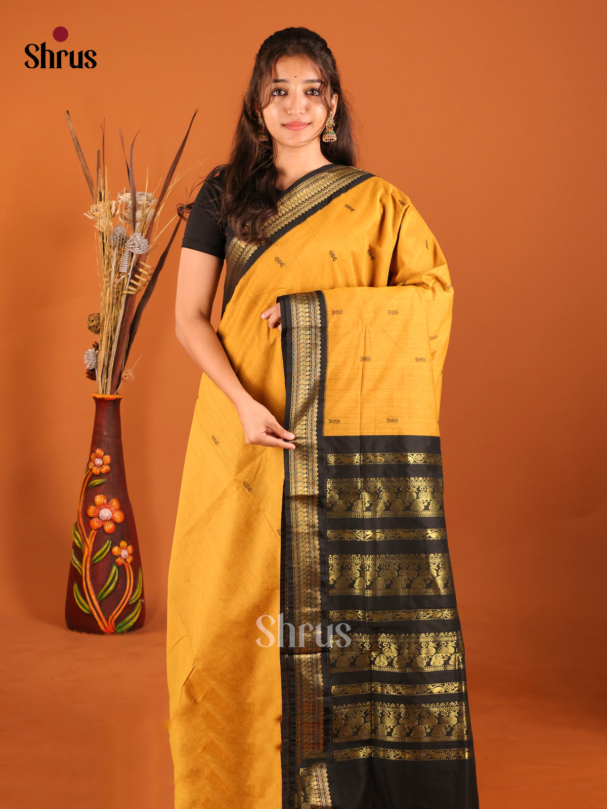 Mustard & Black - Kalyani Cotton Saree - Shop on Shrus.com