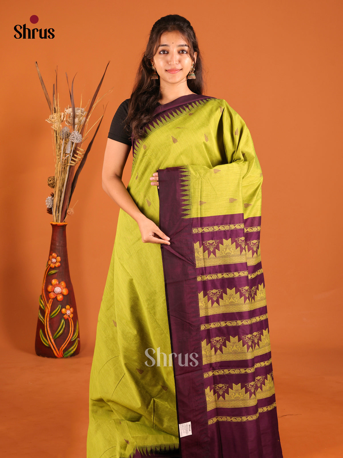 Light Green & Violet - Kalyani Cotton Saree - Shop on Shrus.com