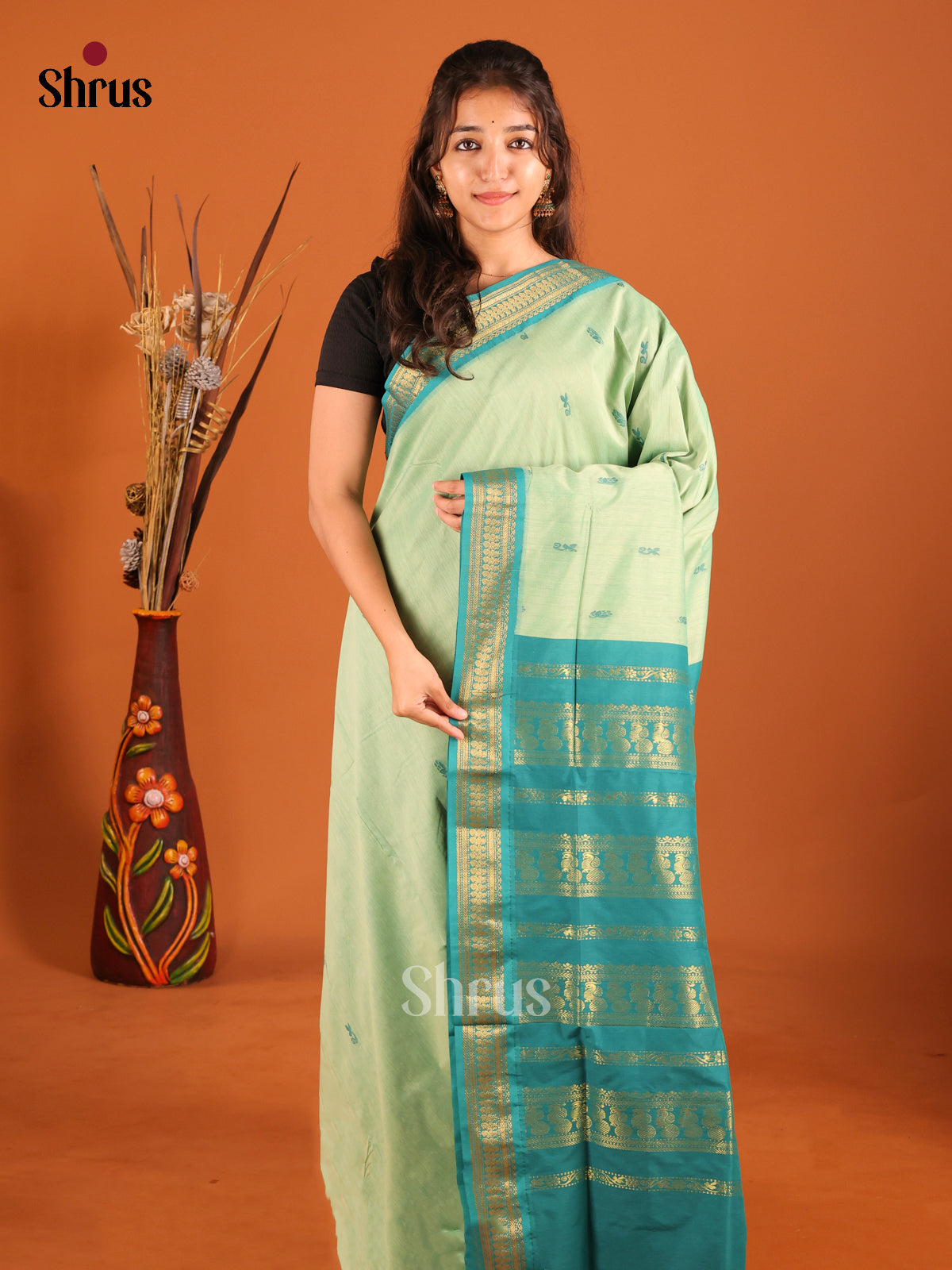 Pista Green & Green - Kalyani Cotton Saree - Shop on Shrus.com