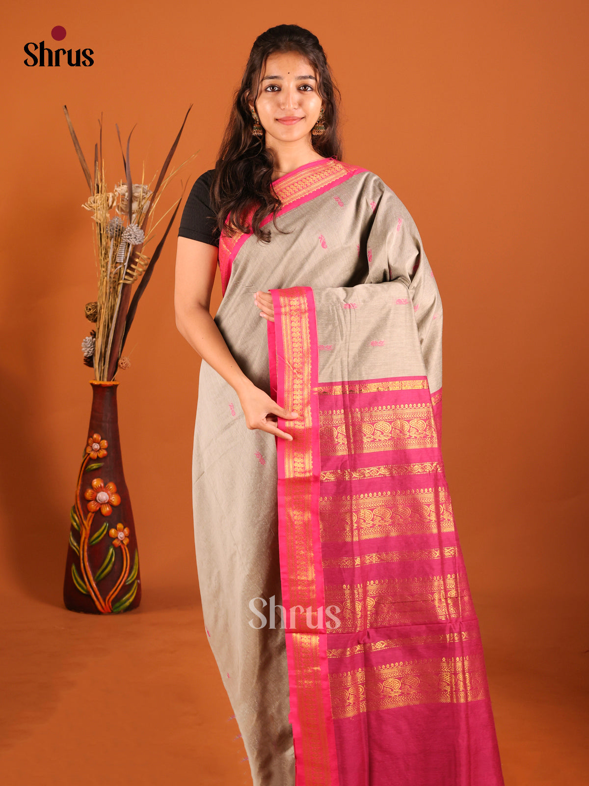 Grey & Pink - Kalyani Cotton Saree - Shop on Shrus.com