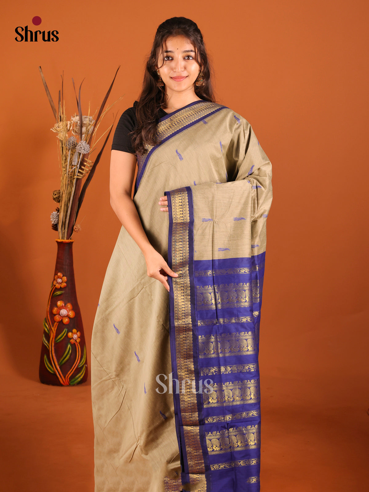 Grey & Blue - Kalyani Cotton Saree - Shop on Shrus.com