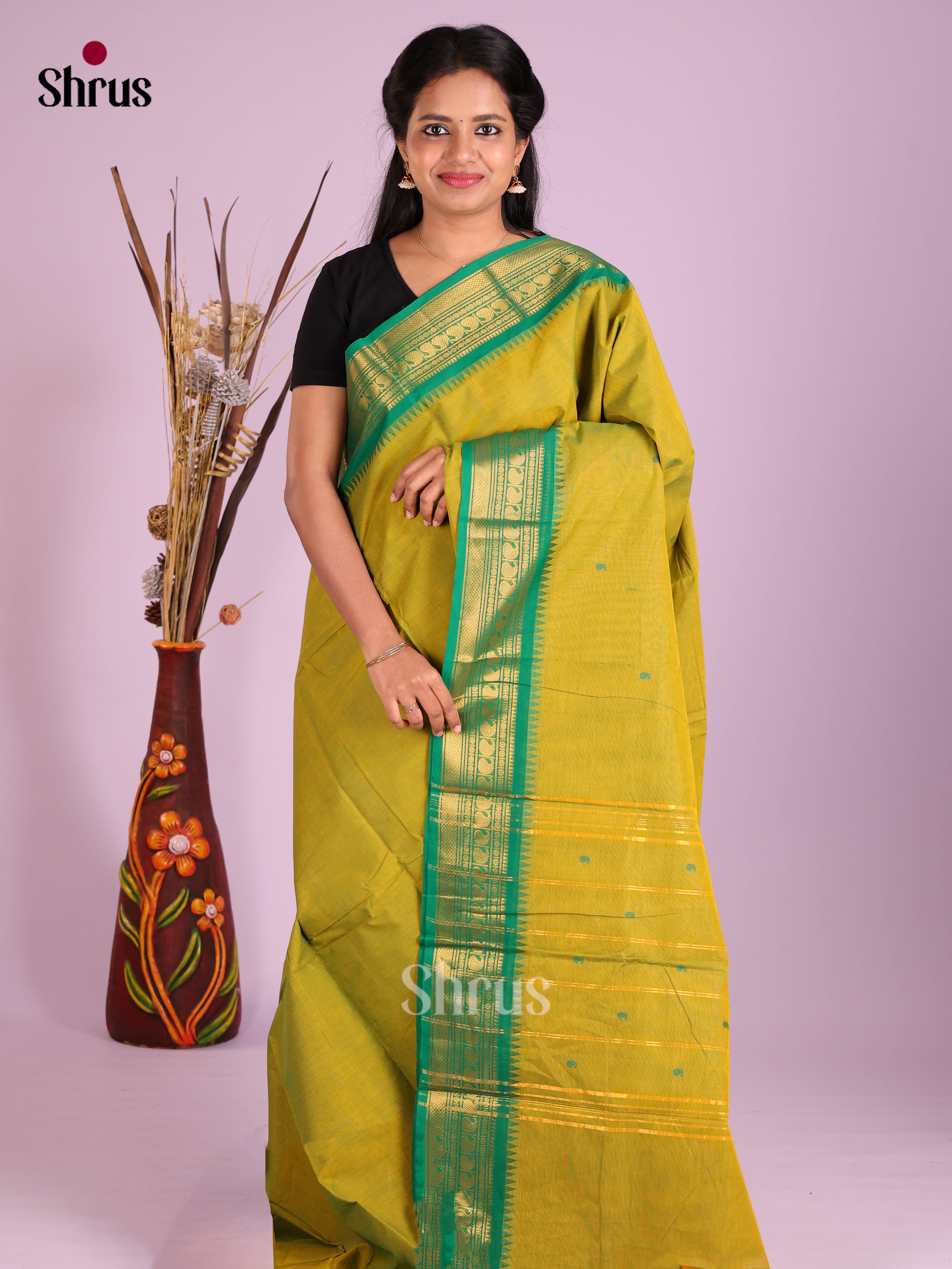 Mustardy Green & Green- Chettinad Cotton Saree