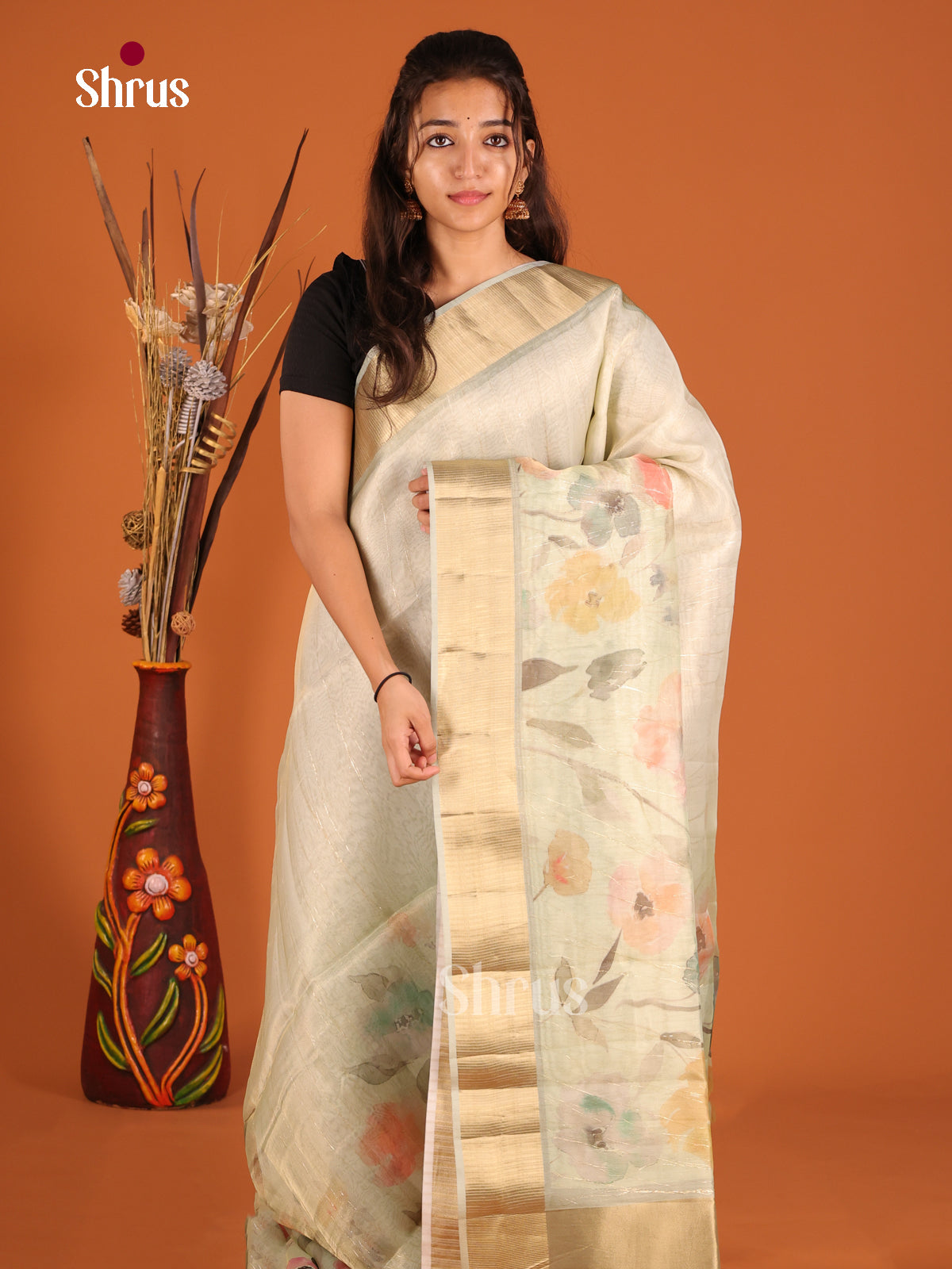 Grey Green - Semi Organza Saree - Shop on Shrus.com