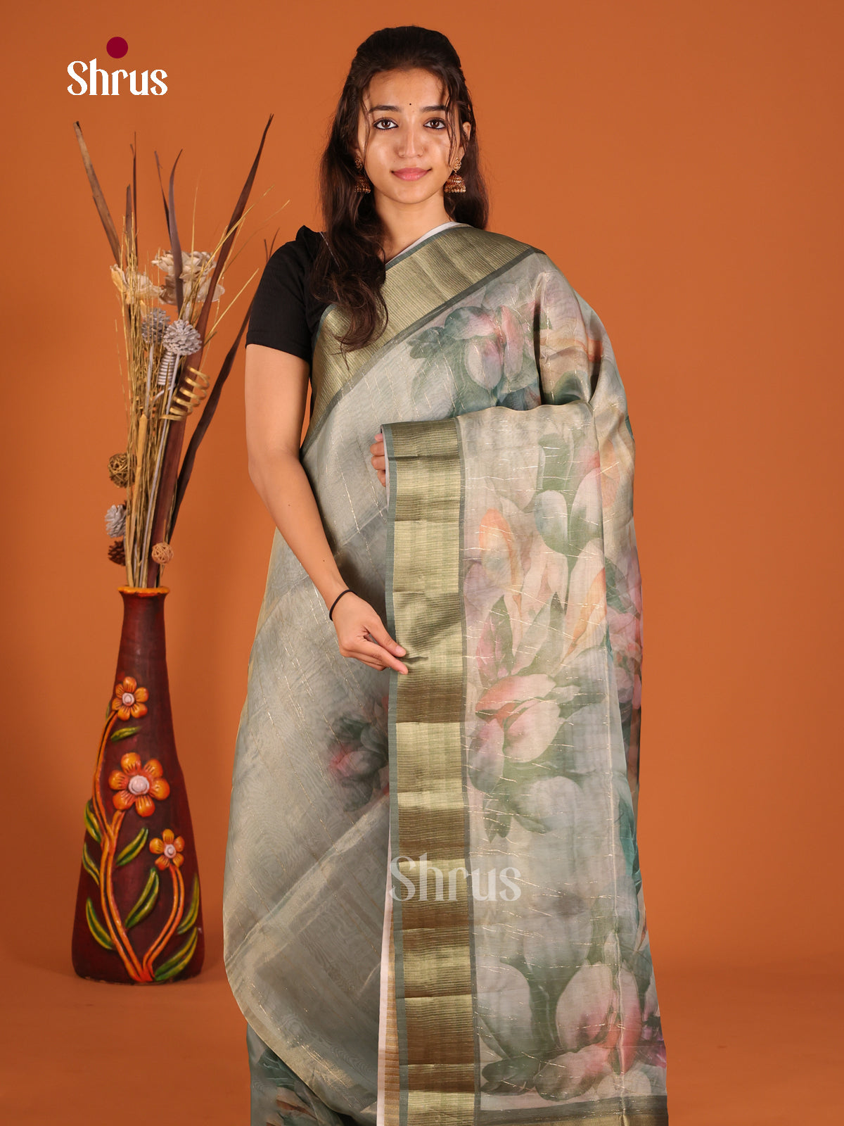 Grey Green- Semi Organza Saree - Shop on Shrus.com