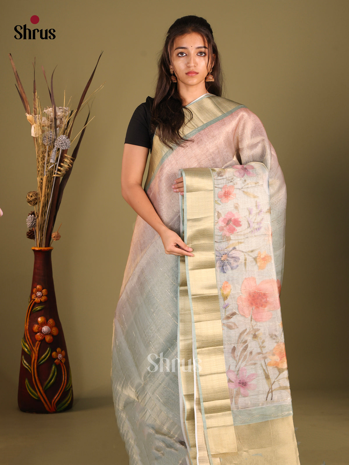 Pink & Pastel Blue - Semi Organza Saree