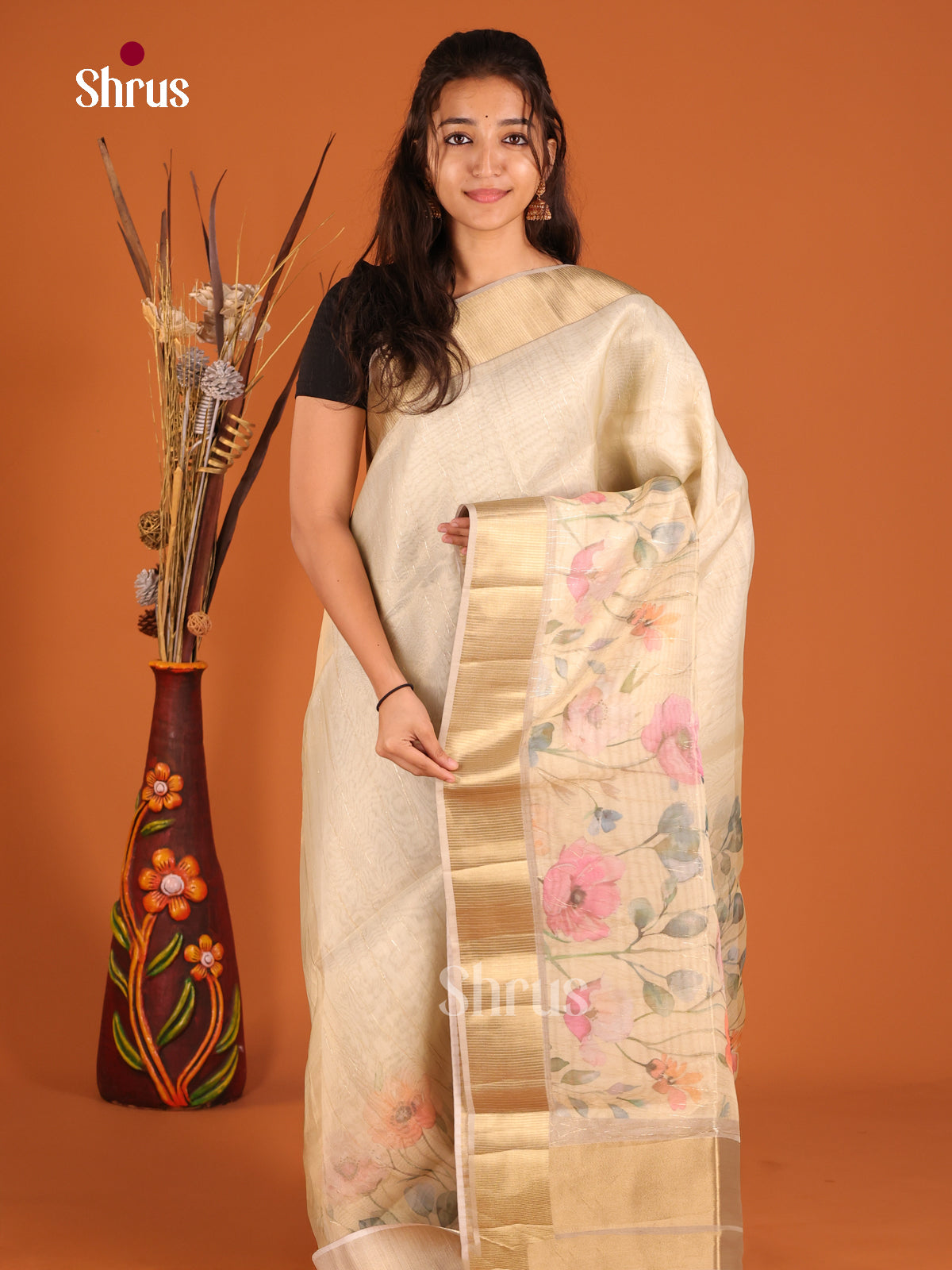 Cream - Semi Organza Saree - Shop on Shrus.com