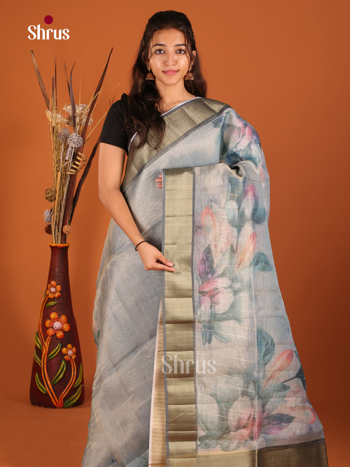 Light Blue & Grey- Semi Organza Saree - Shop on Shrus.com