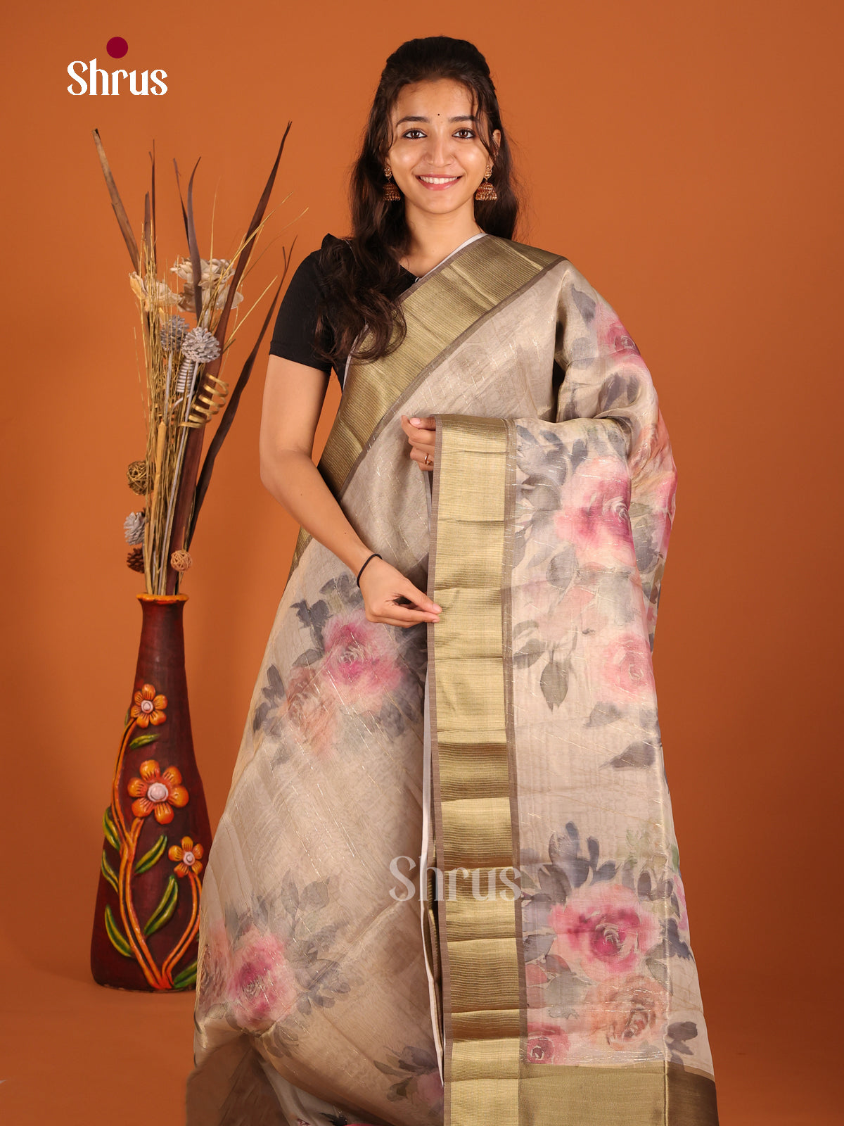 Grey & Brown - Semi Organza Saree - Shop on Shrus.com