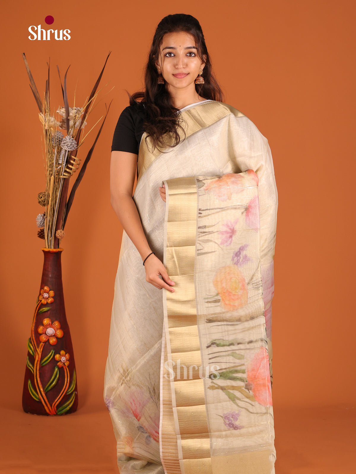 Cream & Grey - Semi Organza Saree