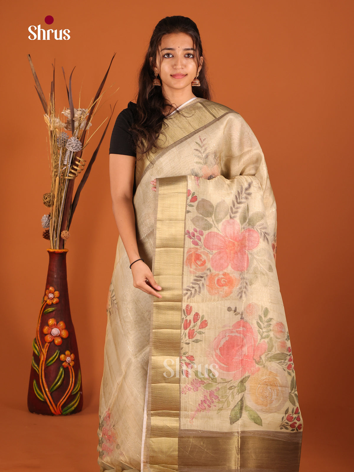 Cream & Grey - Semi Organza Saree