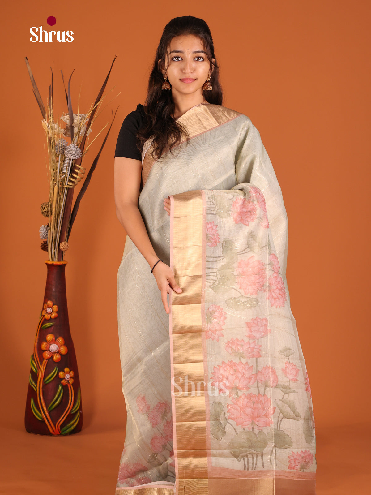 Grey - Semi Organza Saree - Shop on Shrus.com