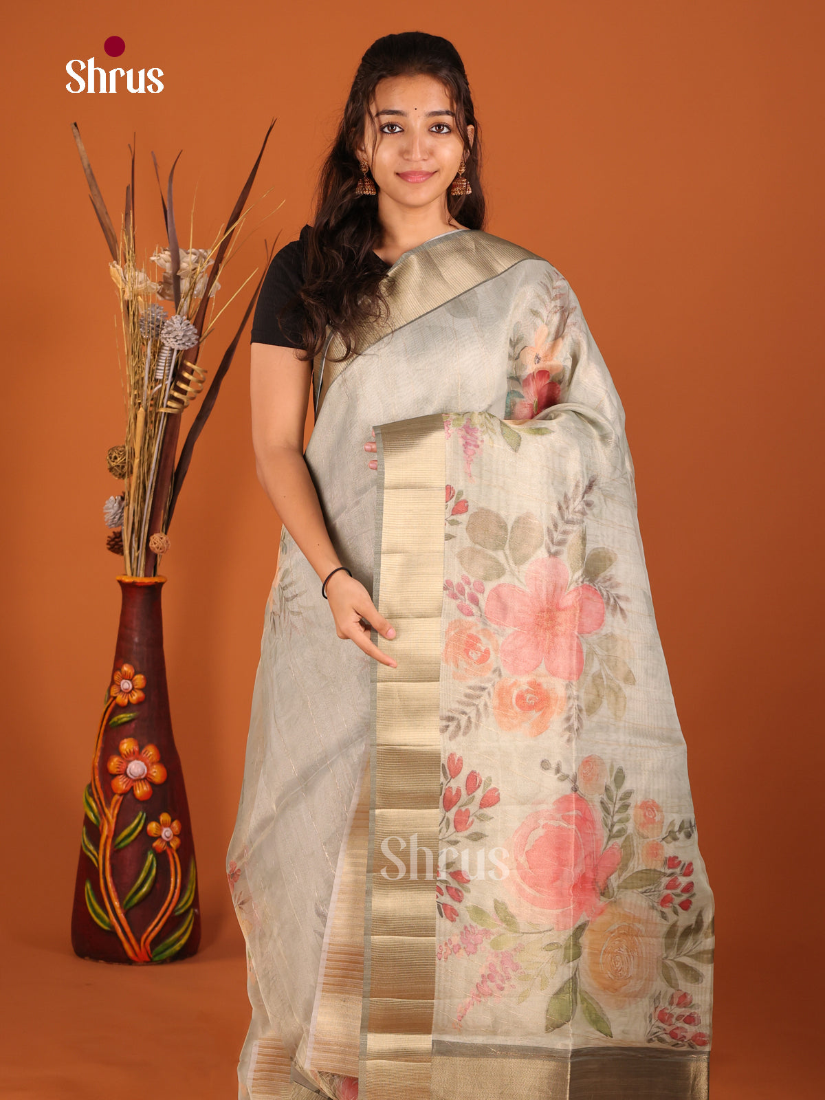 Grey - Semi Organza Saree - Shop on Shrus.com