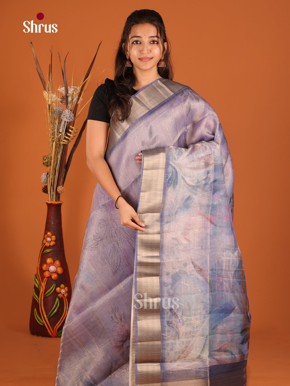 Purple  - Semi Organza Saree - Shop on Shrus.com