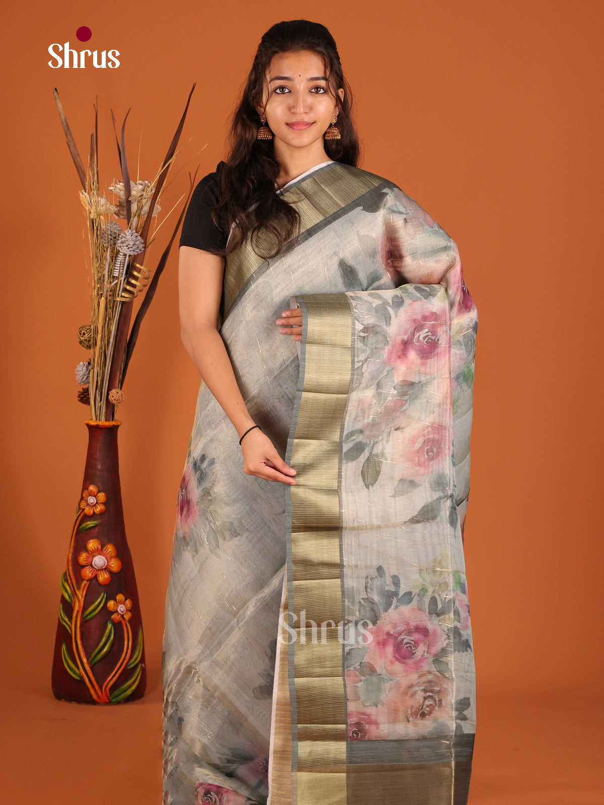 Grey - Semi Organza Saree - Shop on Shrus.com