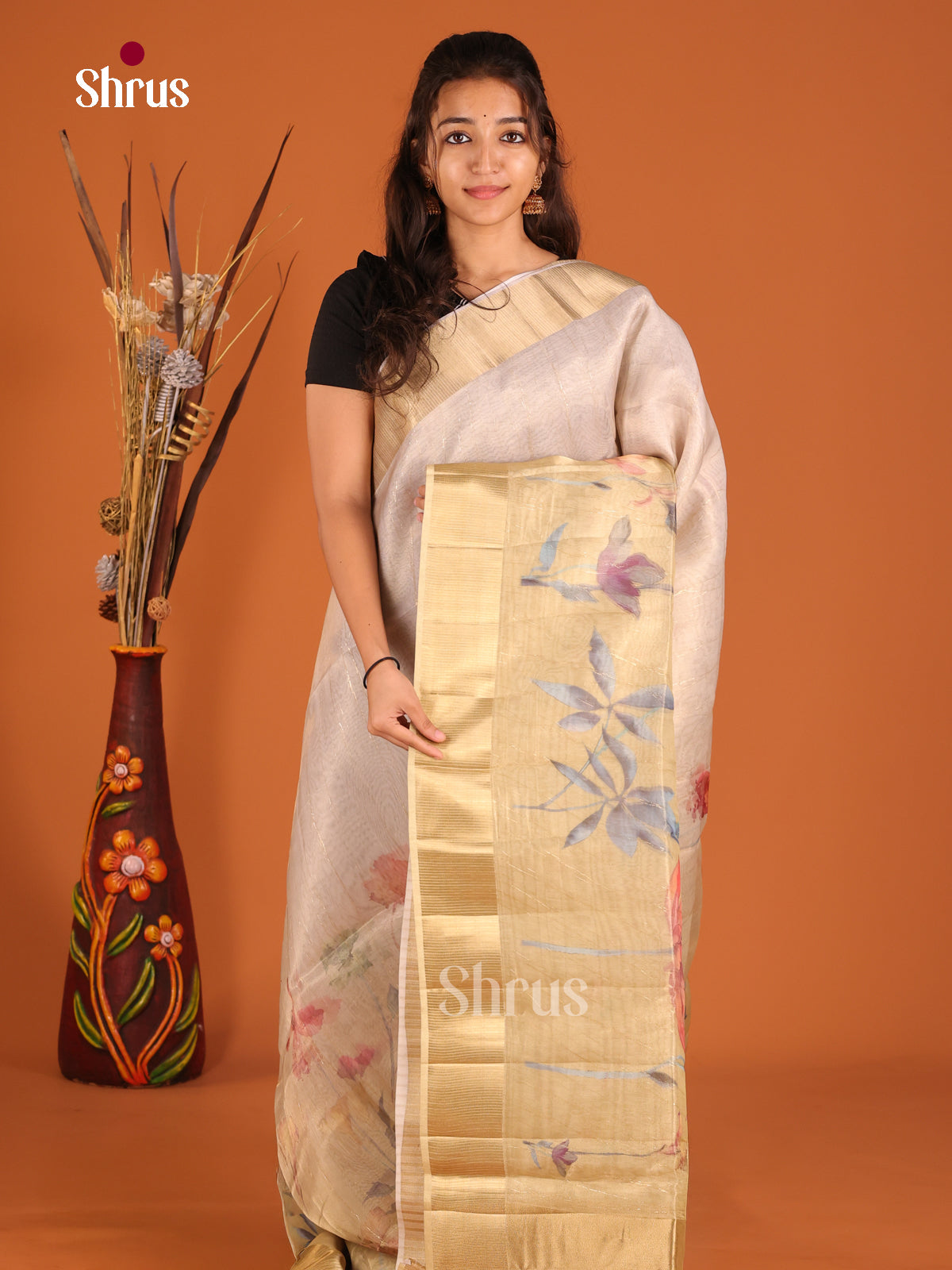 Cream & Beige - Semi Organza Saree