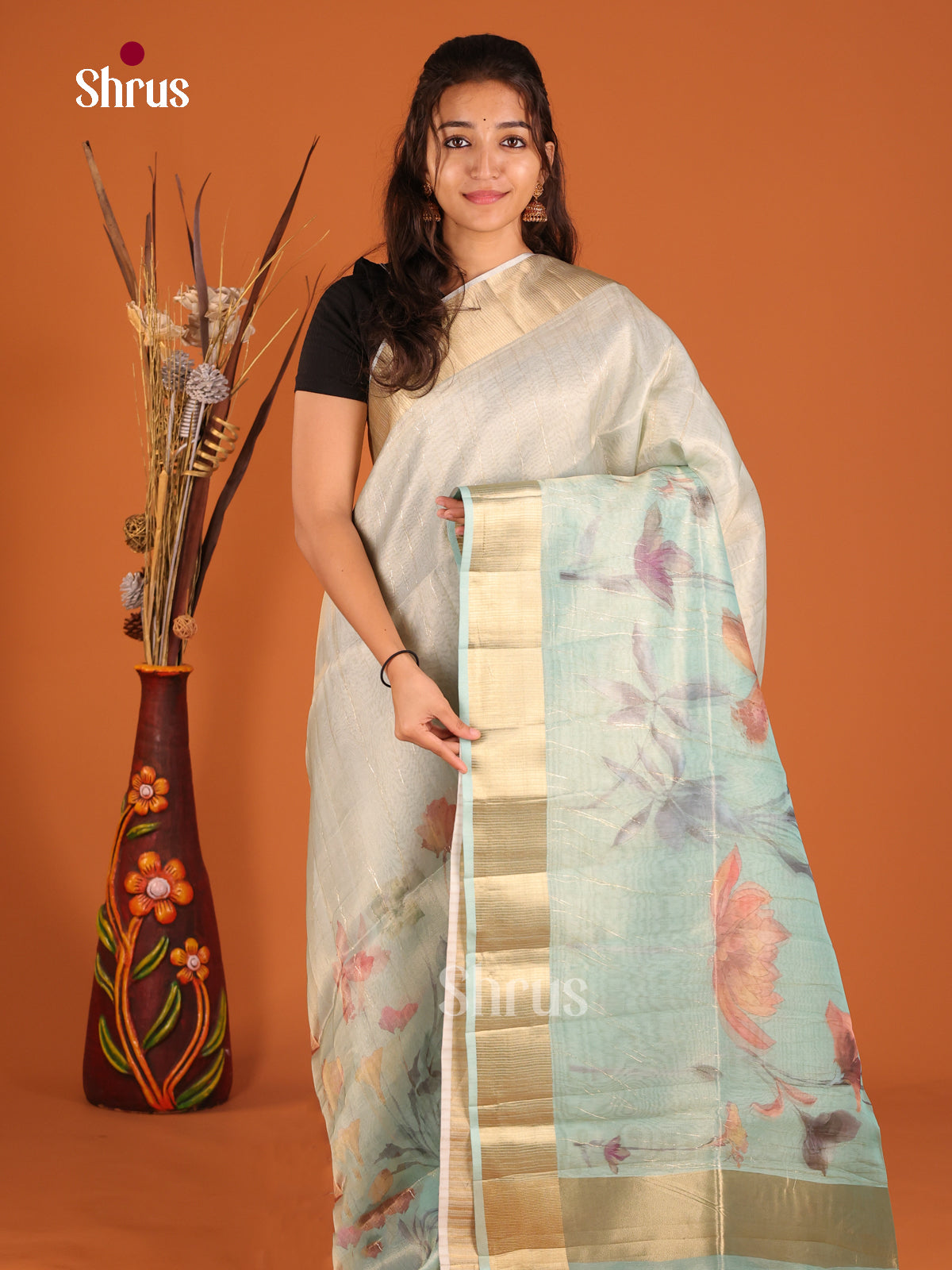 Pastel Blue - Semi Organza Saree - Shop on Shrus.com