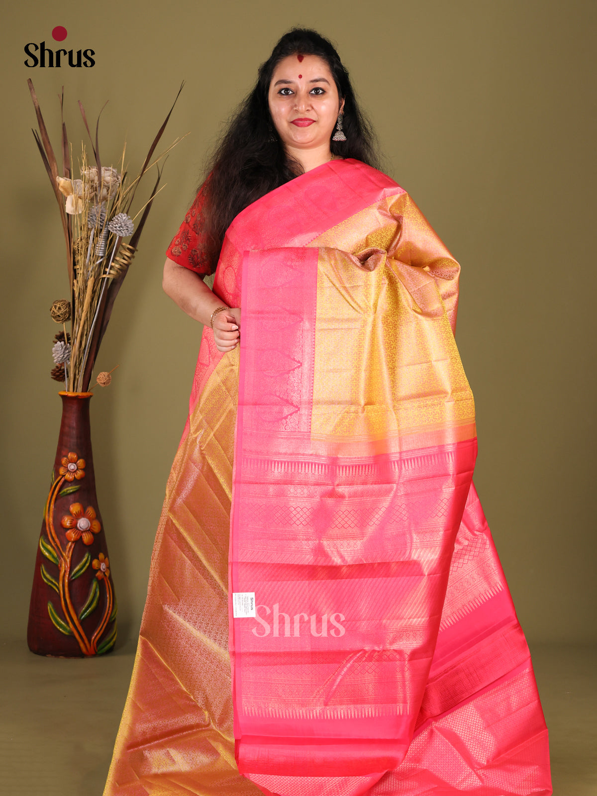 Regal Mustard Kanchipuram Silk Saree with Zari Brocade Body & Pink Zari Border