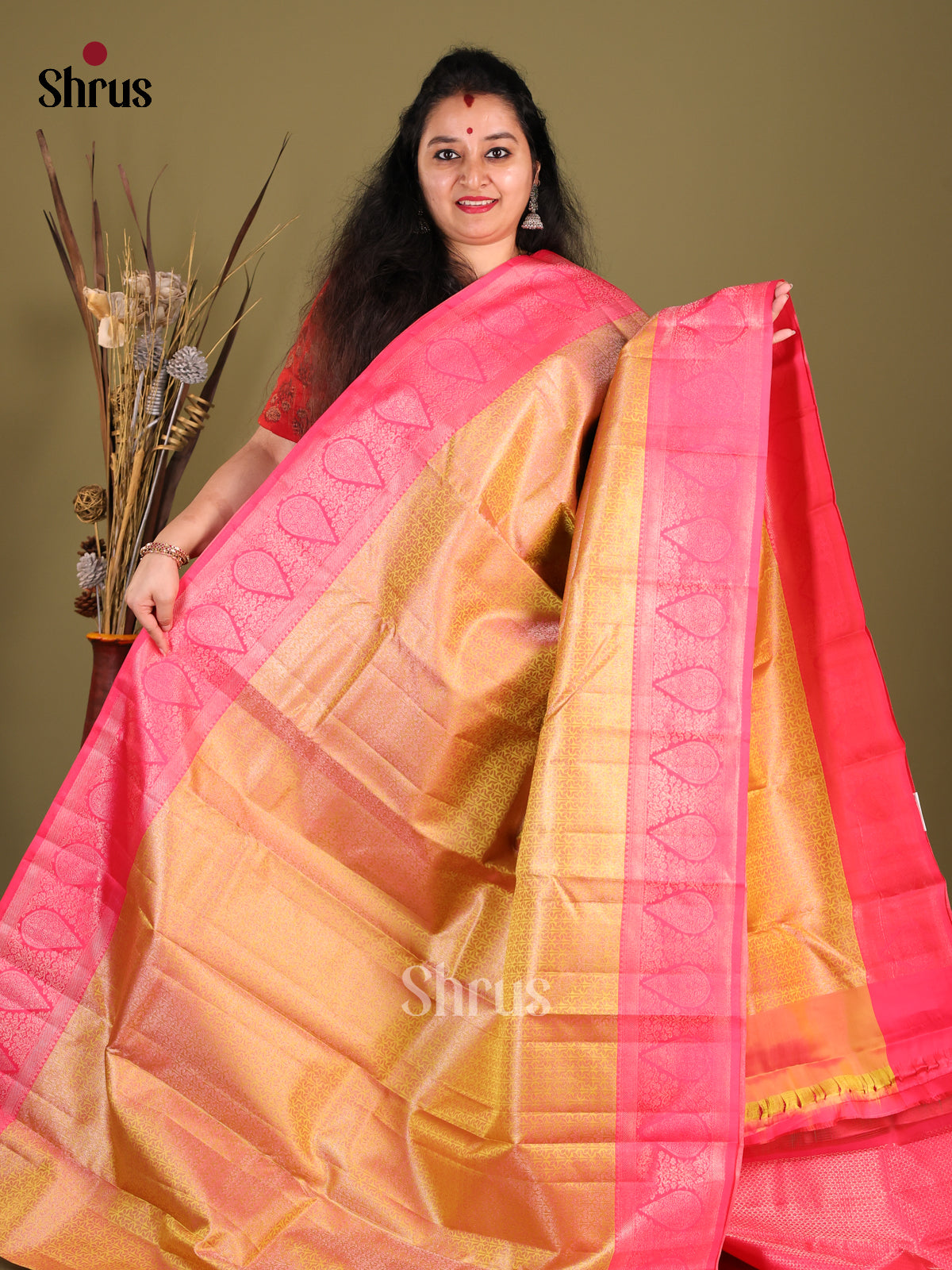 Regal Mustard Kanchipuram Silk Saree with Zari Brocade Body & Pink Zari Border -1