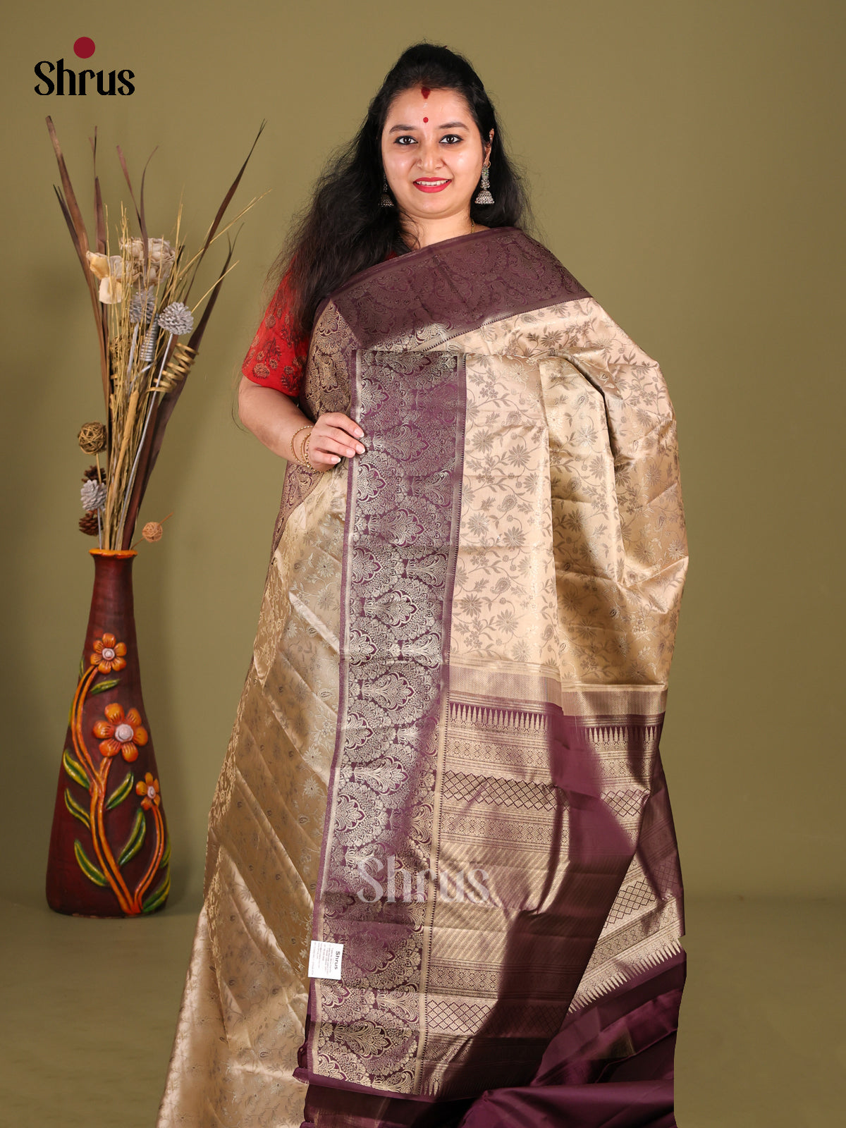 Stunning Cream Kanjivaram silk Saree with zari floral nestling brocade & Dark Purple Border