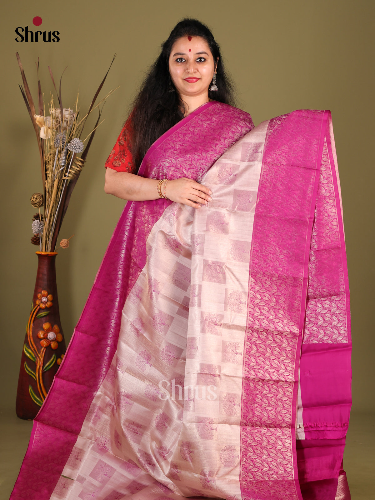 Stunning Grey Kanchipuram Silk Saree with Tree Motifs & Purple Zari Border -1
