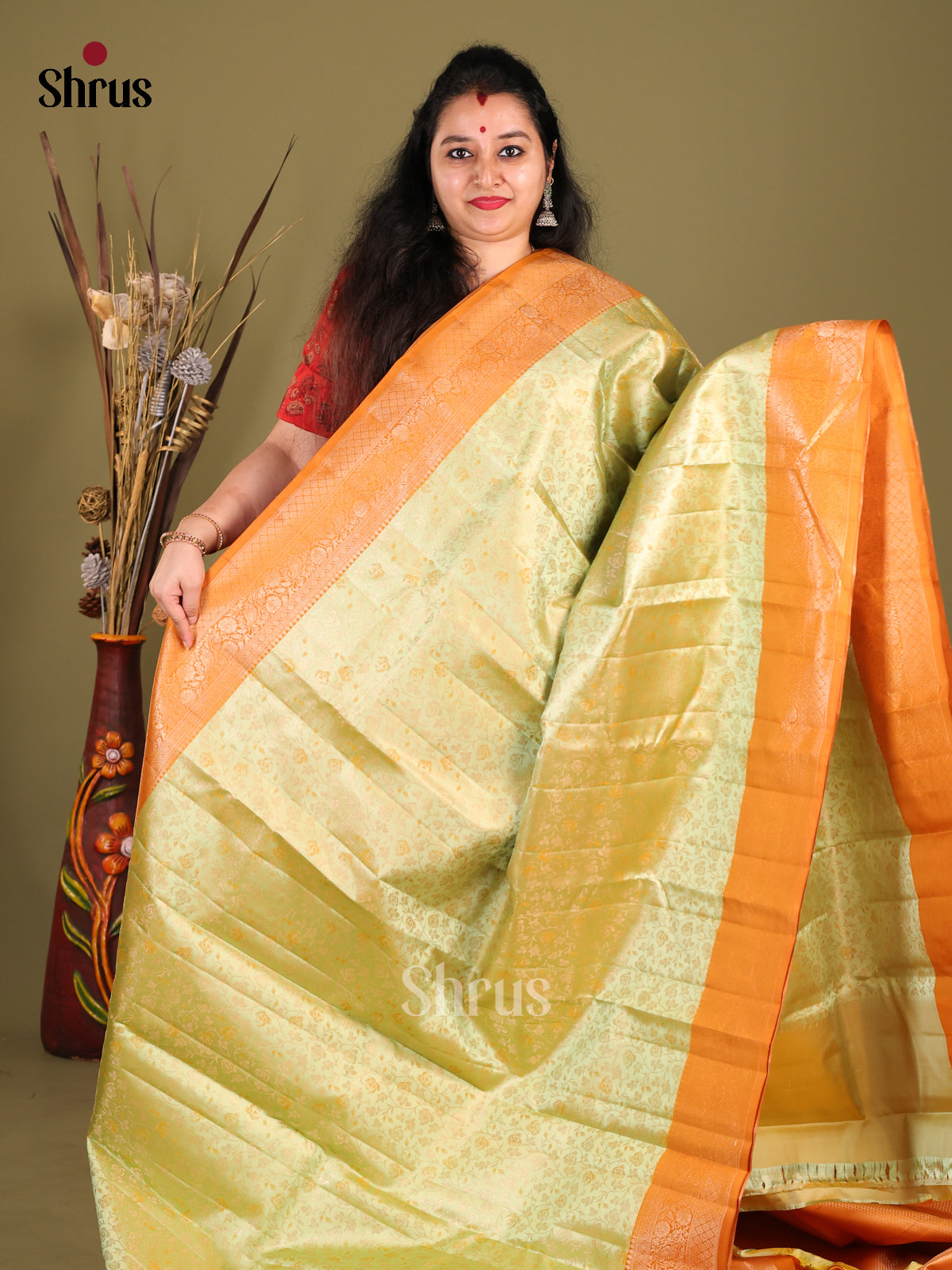 Light Green & Orange Kanchipuram silk Saree with zari floral nestling brocade -1