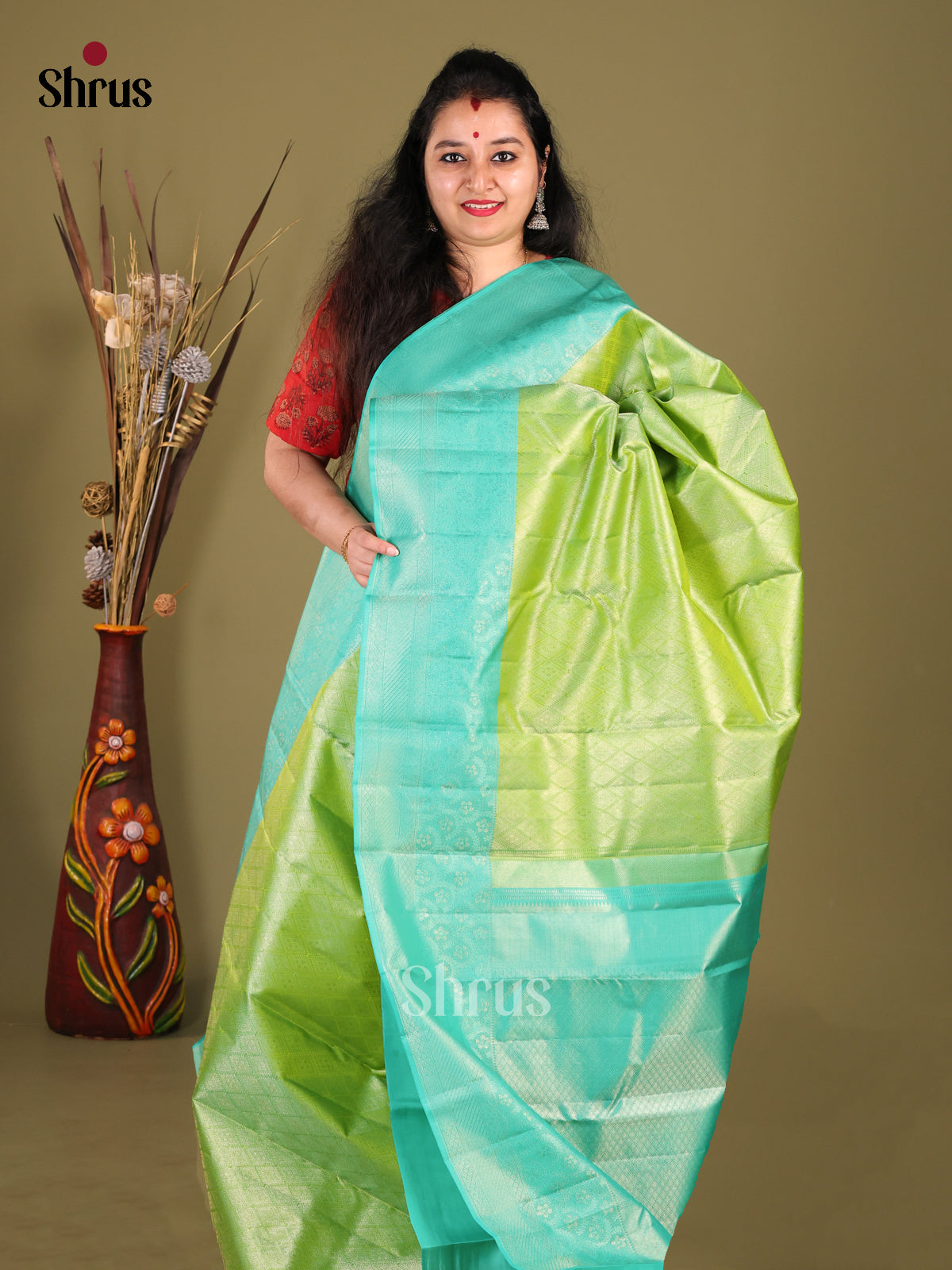 Light Green & Sky Blue  Kanchipuram silk Saree with zari criss cross brocade